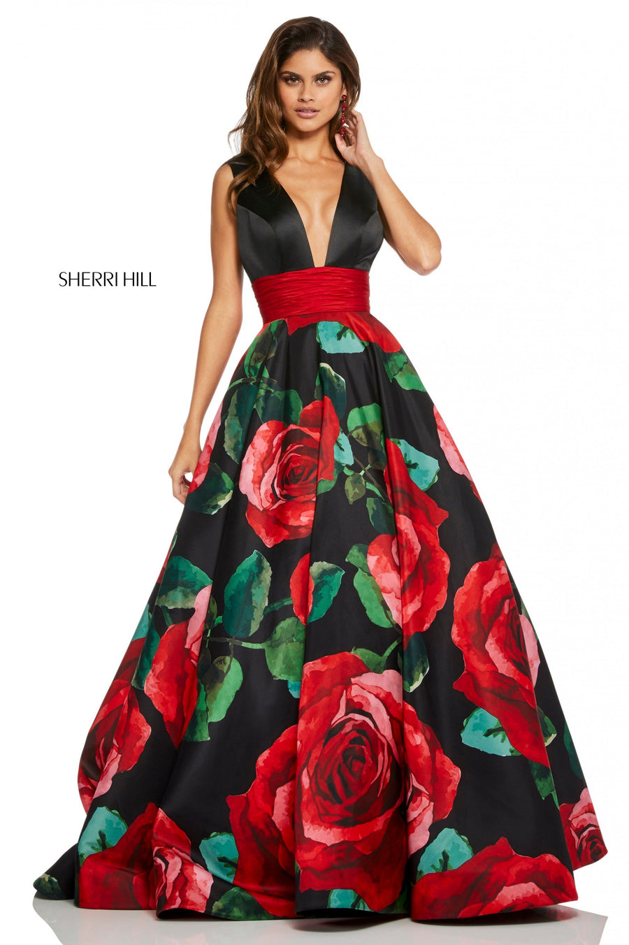 Sherri Hill style 52898 in black/red print, Rose Print Satin Ball Gown