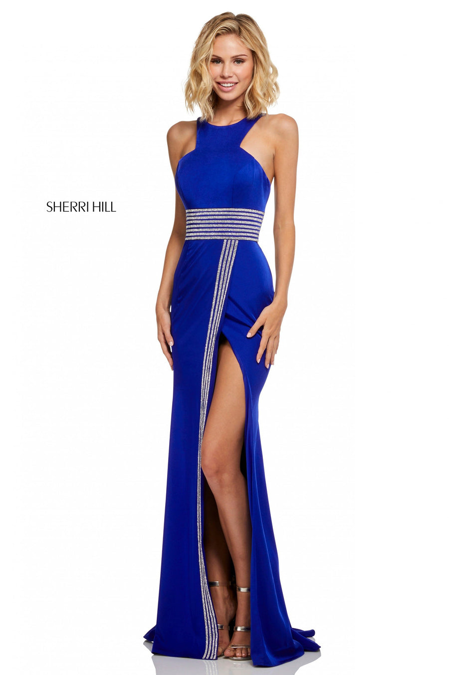 Sherri Hill style 52904 in royal, Fitted Crepe Dress with Beaded Waistband