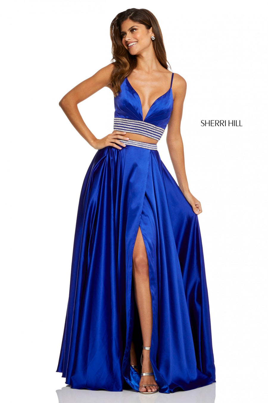 Sherri Hill style 52907 in black, Two-Piece and an A-Line Satin Slit Skirt