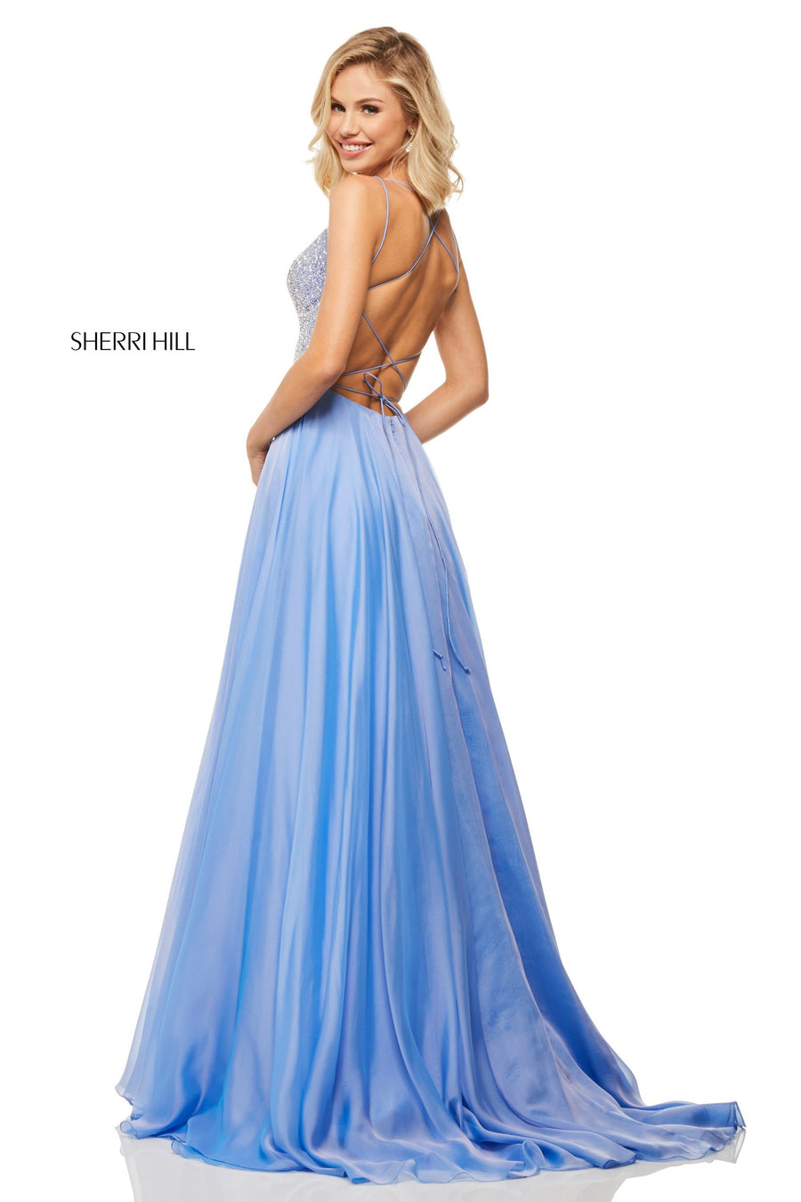 Sherri Hill style 52591 in blue, Lace Up Back Bodice with Chiffon Skirt