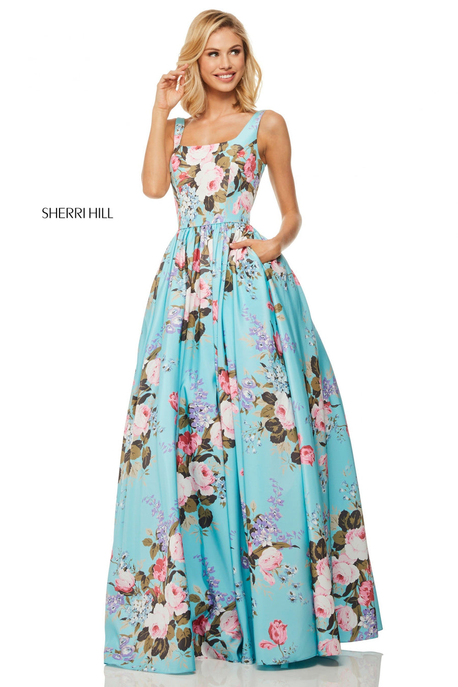 Sherri Hill style 52814 in yellow print, Floral Print Taffeta A-Line Gown