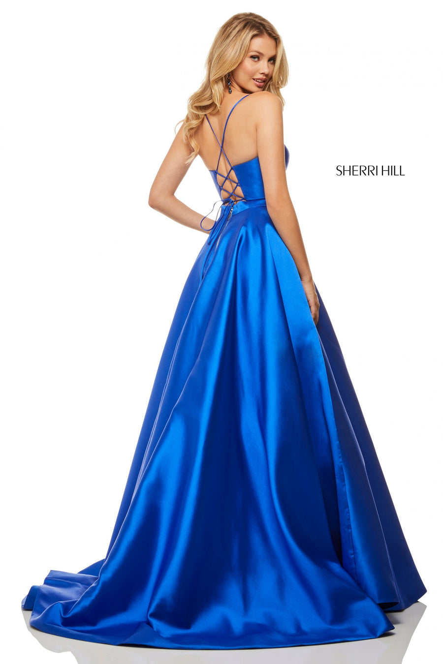 Sherri Hill style 52821 in yellow, Satin V-Neck Ball Gown