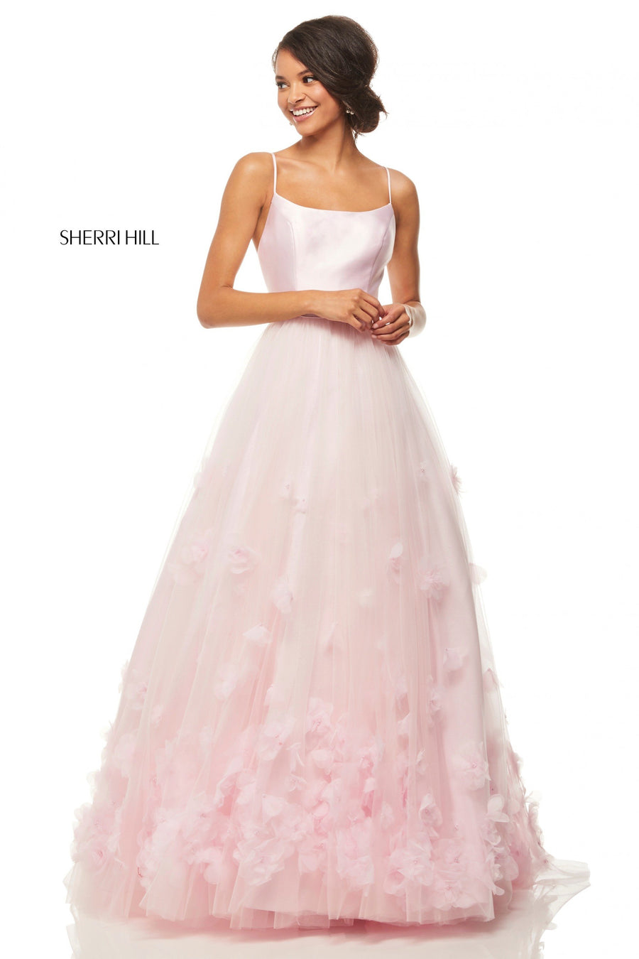 Sherri Hill style 52828 in pink, Tulle Ball Gown with 3D Flowers