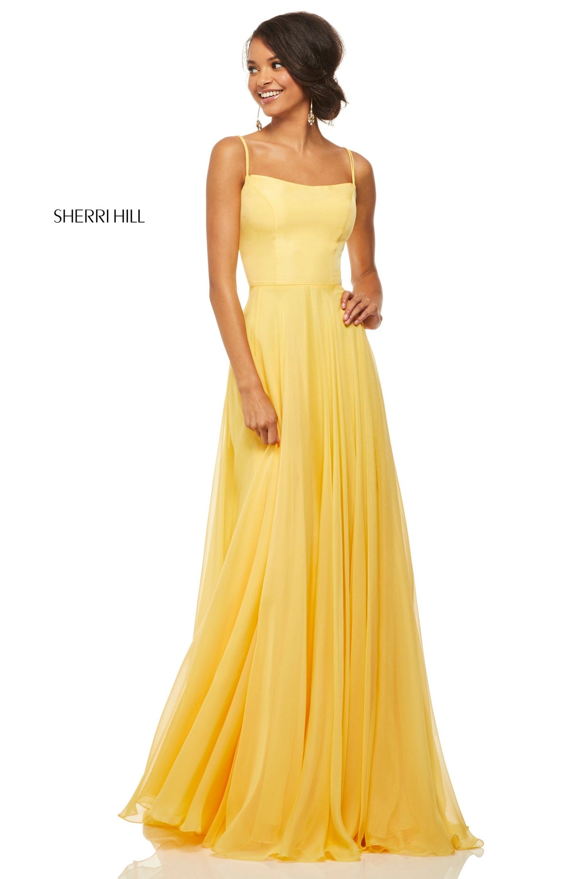 Sherri Hill 52839 satin bodice with chiffon skirt in yellow