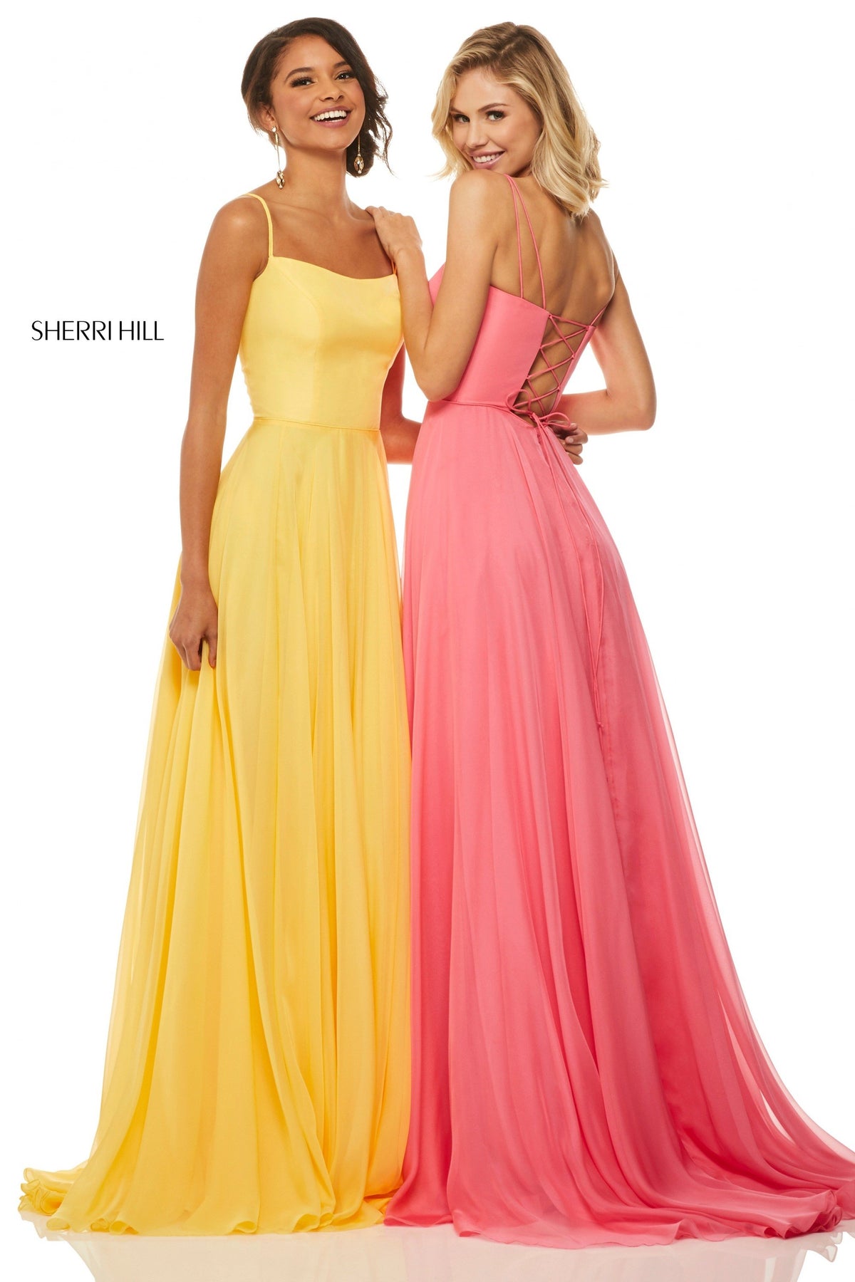 Sherri Hill 52839 satin bodice with chiffon skirt in coral