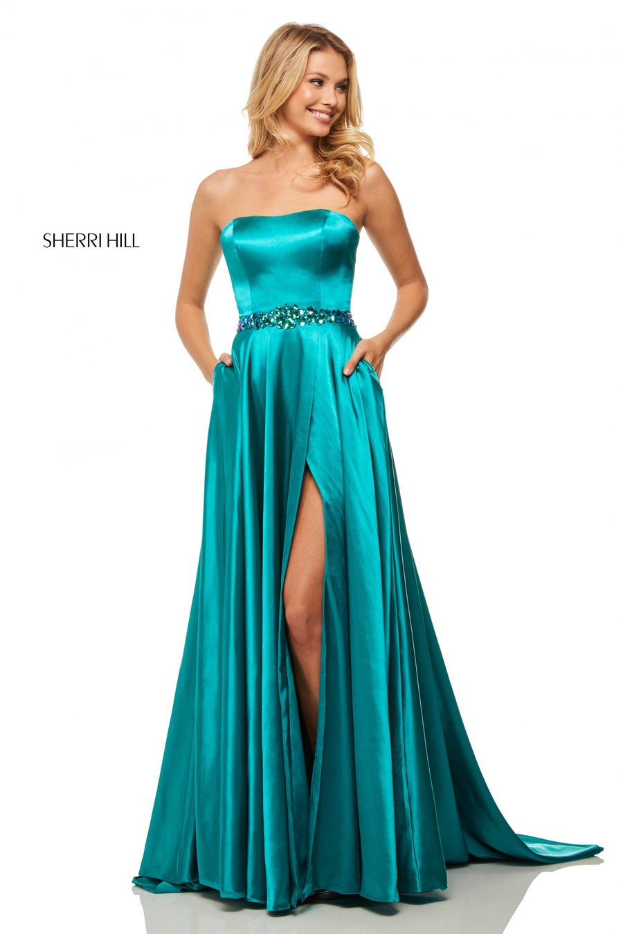 Sherri Hill style 52841 in purple, Strapless Charmeuse Gown