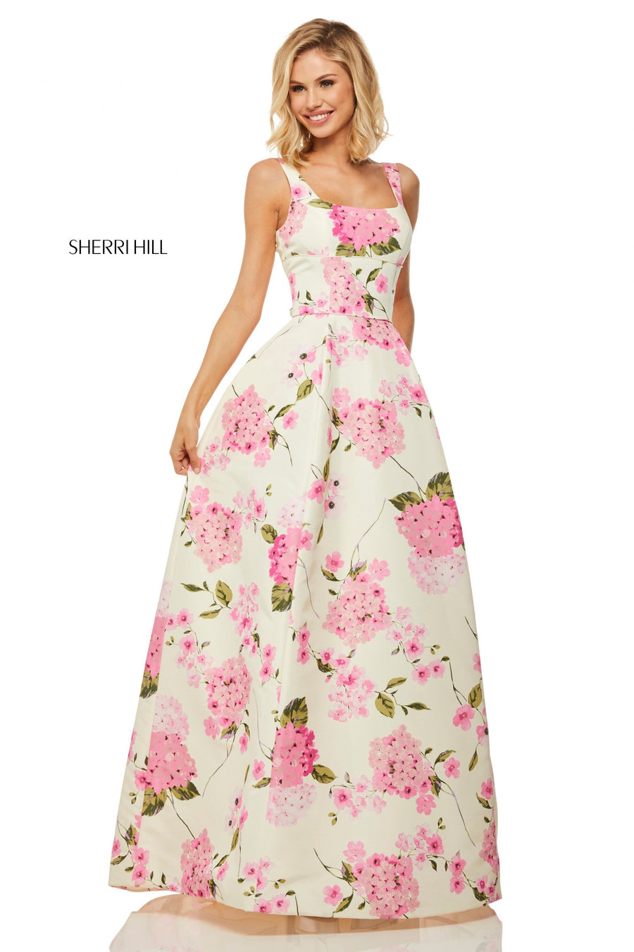 Sherri Hill style 52862 in ivory/pink print, Floral Printed Taffeta Ball Gown