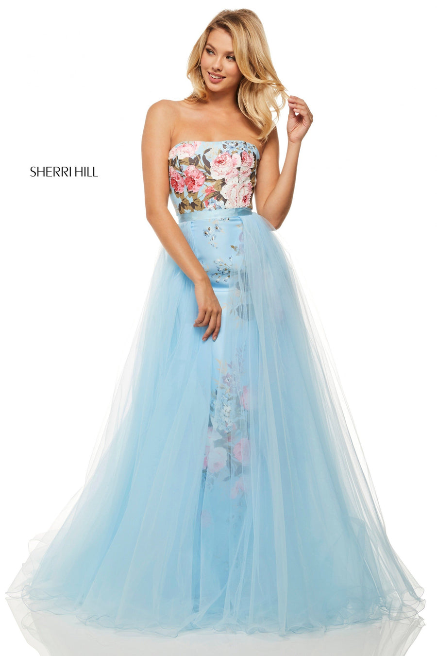 Sherri Hill style 52869 in ivory print, Strapless Floral Print Taffeta Fitted Gown