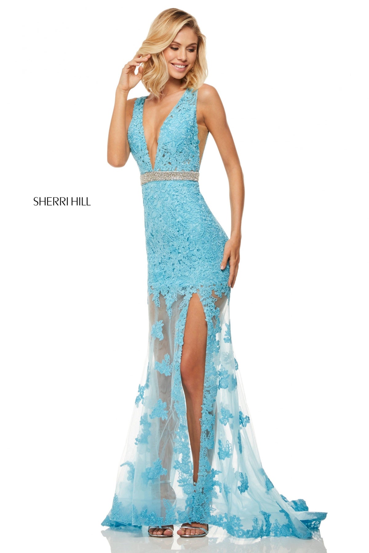 Sherri Hill 52875 sheer lace mermaid gown in light blue
