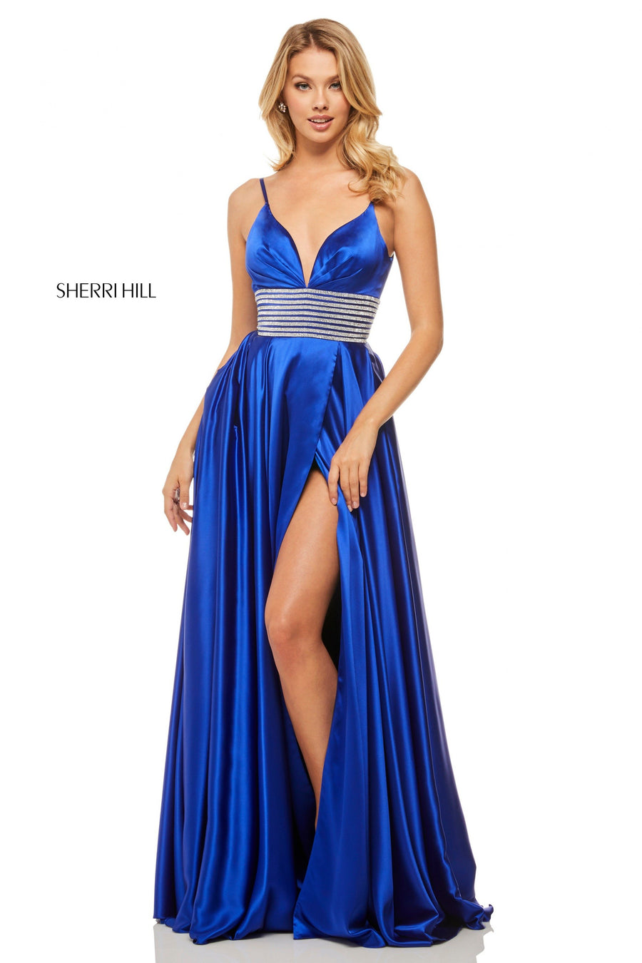 Sherri Hill style 52906 in royal, Satin Gown with Deep-V Neckline