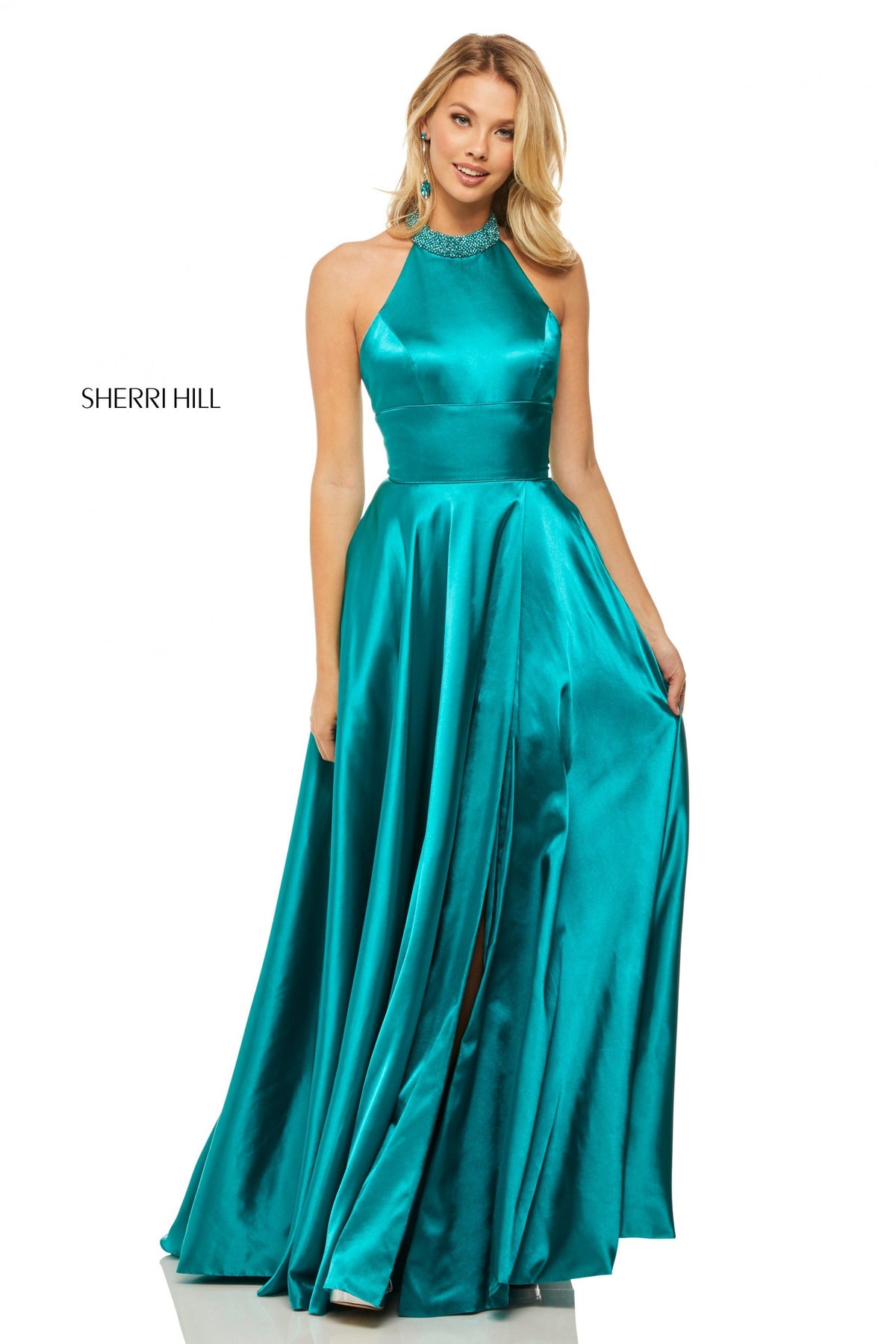 Sherri Hill 52920 satin high-neck halter top gown