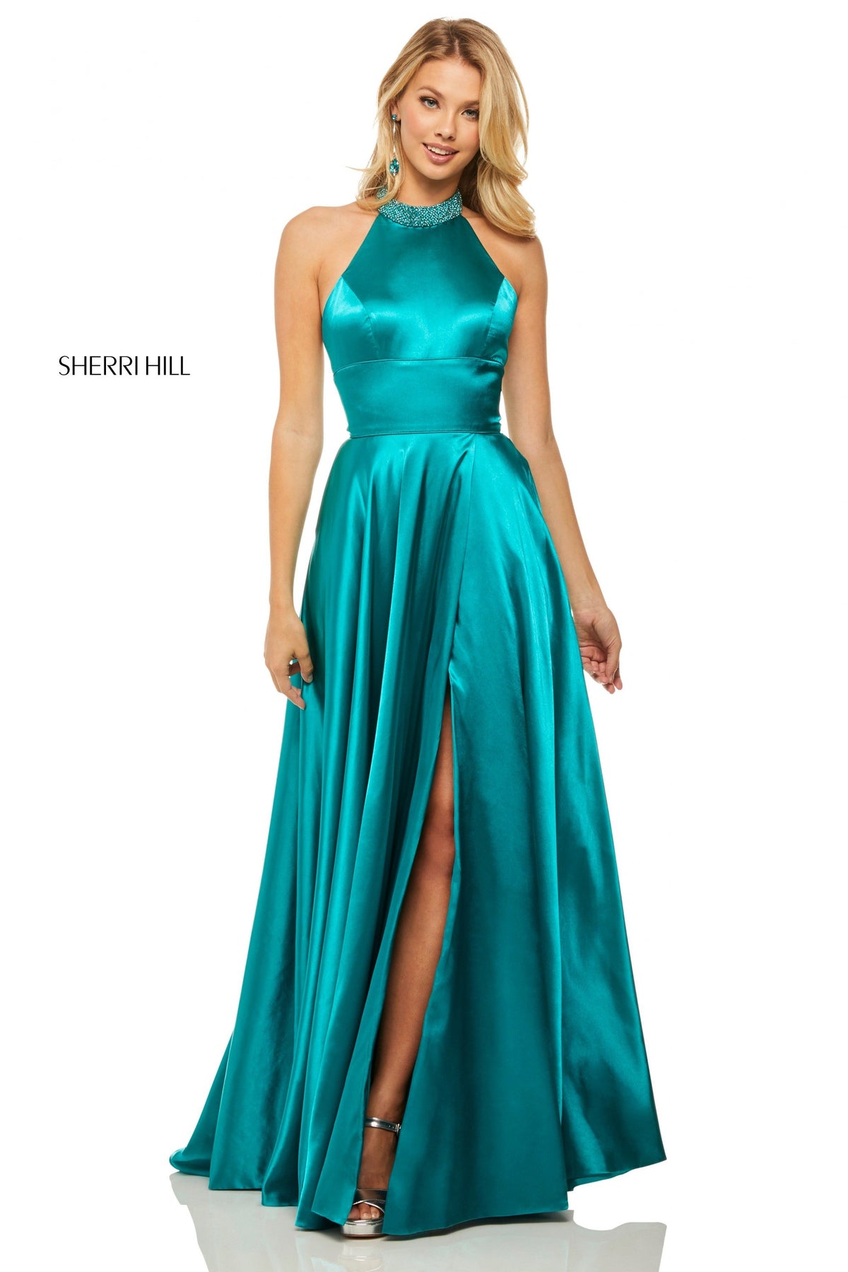 Sherri Hill 52920 satin high-neck halter top gown in teal