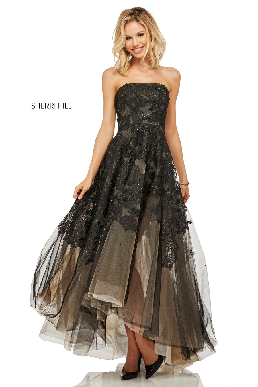 Sherri Hill style 52740 in black, Tulle and Lace Audrey Length A-Line Gown