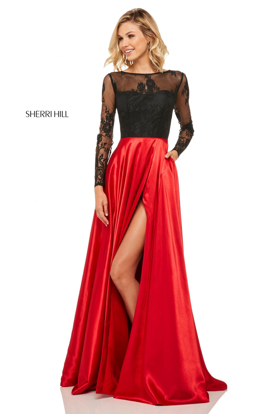 Sherri Hill style 52765 in black/red, Long Sleeve Bodice with Charmeuse Skirt