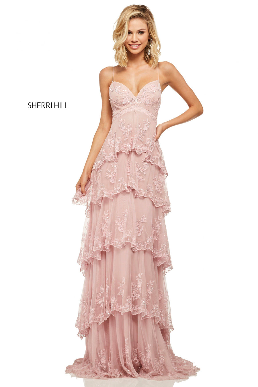 Sherri Hill style 52806 in light pink, Lace and Chiffon Tiered Gown