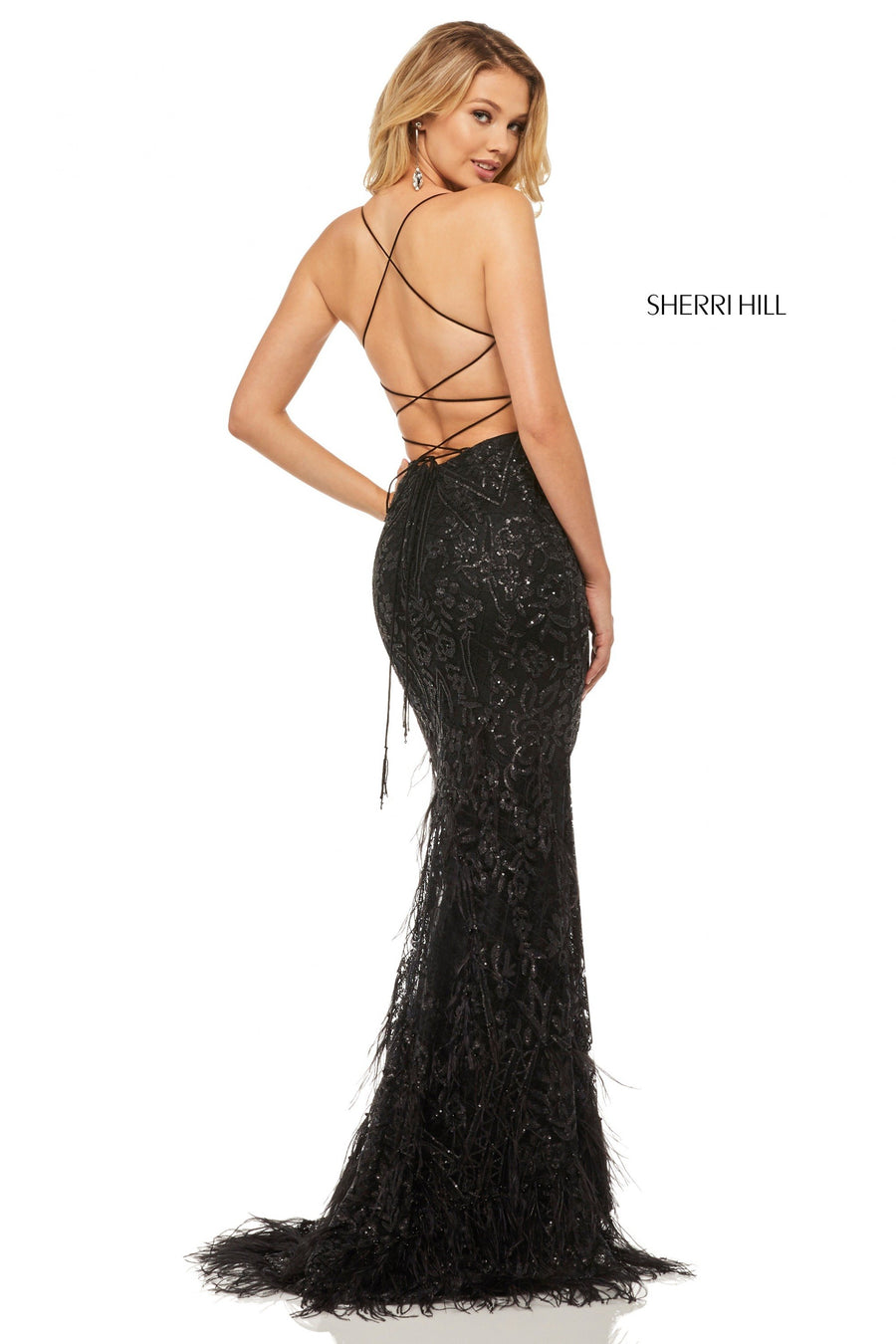 Sherri Hill style 52827 in gold, Metallic Lace Mermaid Feather on the Skirt