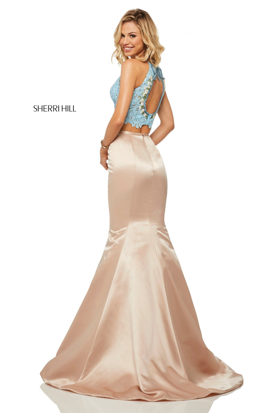 Sherri Hill style 52851 in light blue/nude, Two-Piece Mermaid Satin Skirt