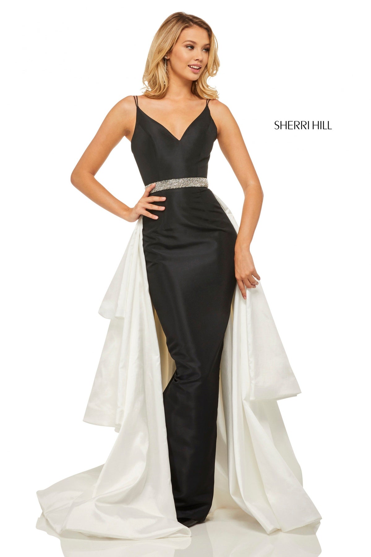 Sherri Hill 52852 taffeta fitted gown in black/ivory