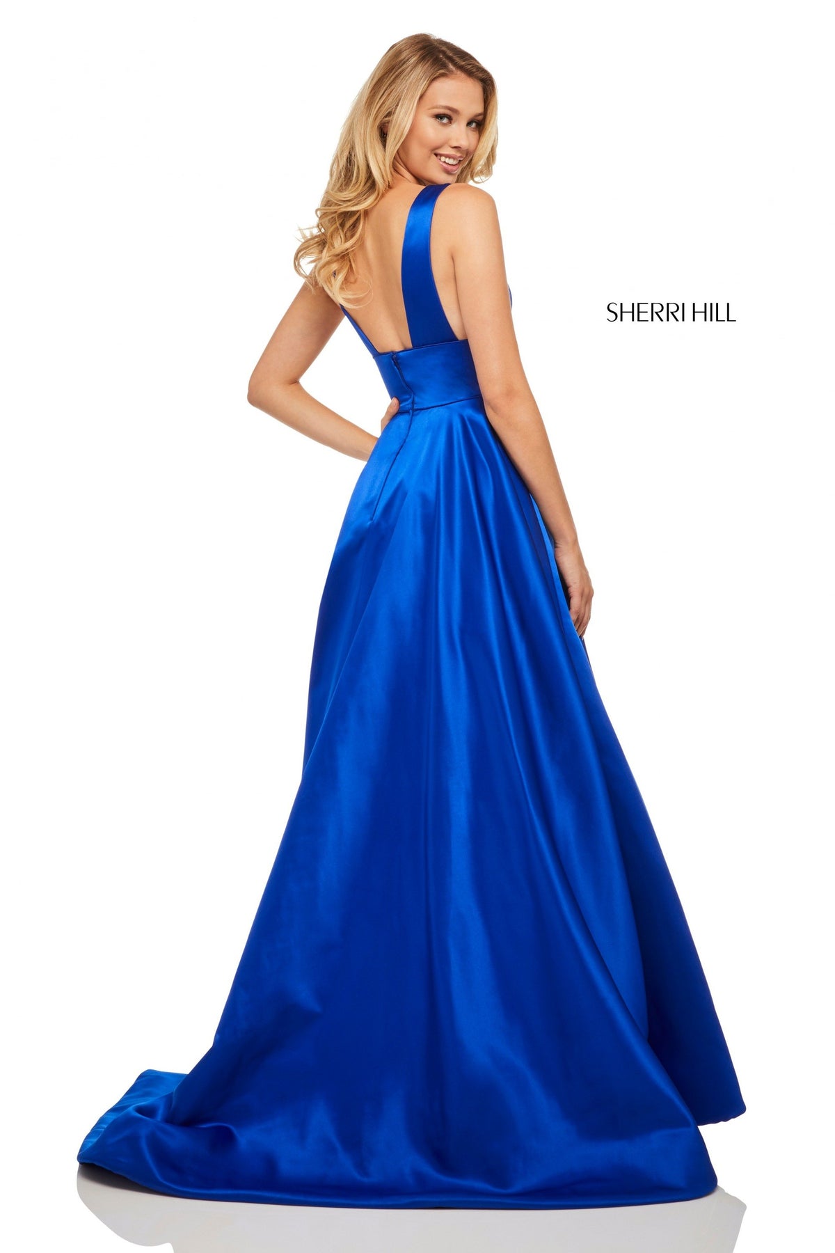 Sherri Hill 52911 satin A-line gown with deep-V-neckline