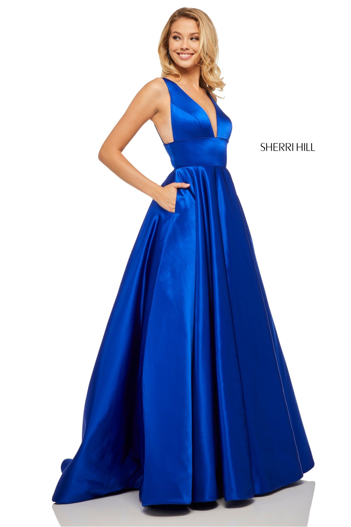 Sherri Hill 52911 satin A-line gown with deep-V-neckline