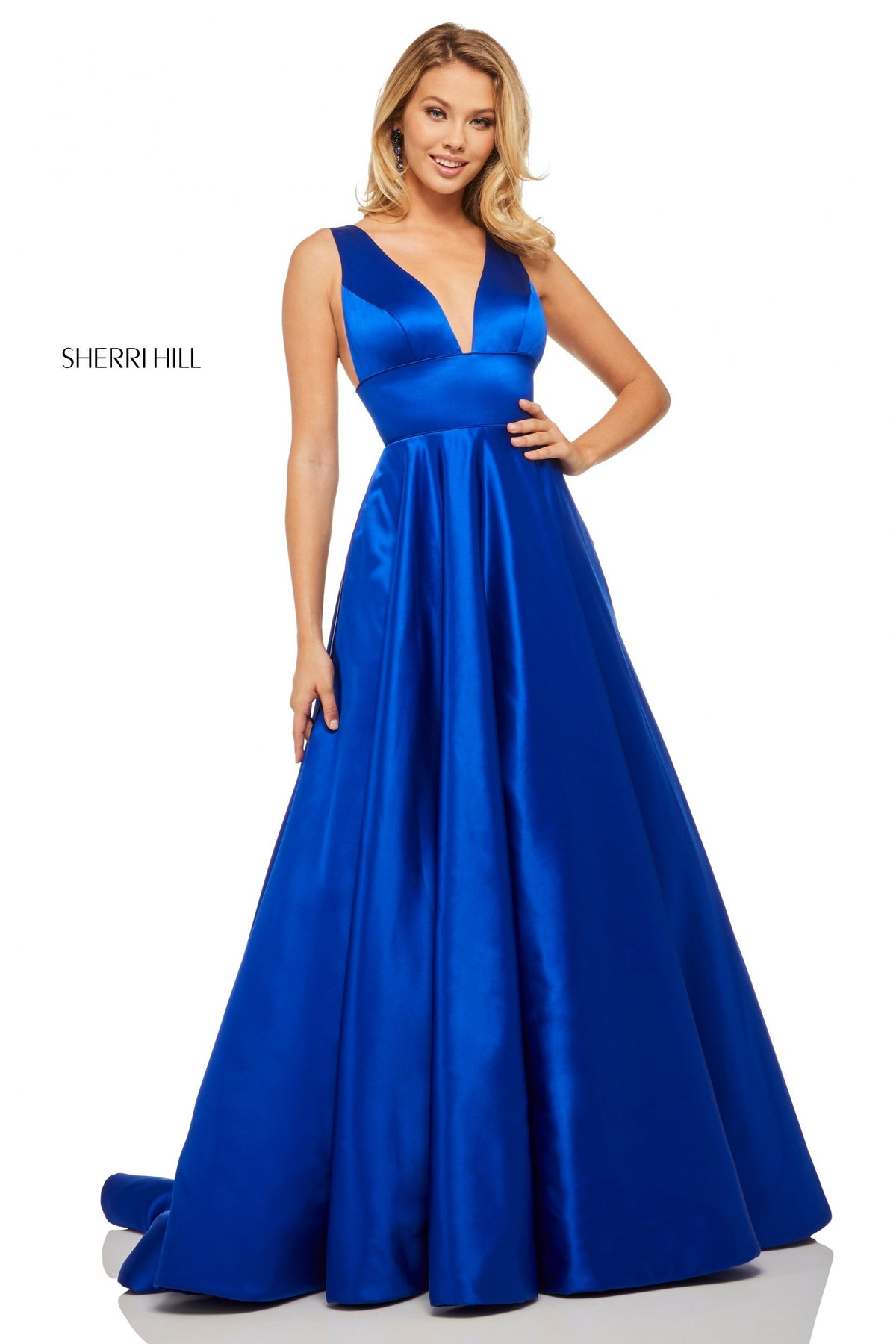 Sherri Hill 52911 satin A-line gown with deep-V-neckline in royal