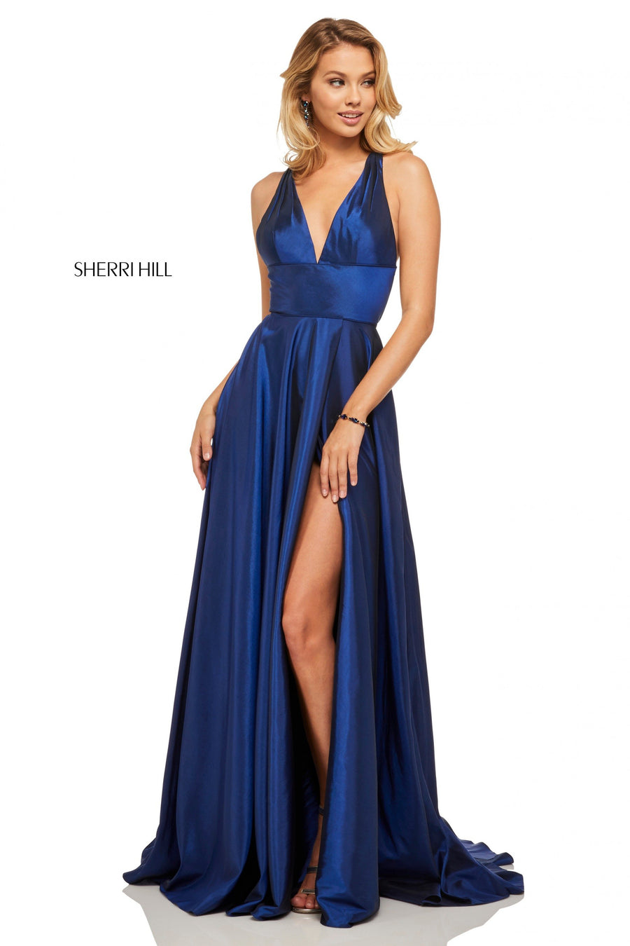 Sherri Hill style 52923 in lilac, Rich Metallic A-Line Skirt Slit