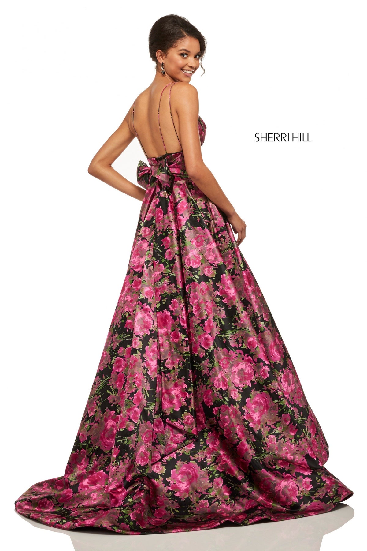 Sherri Hill 52932 floral print satin A-line gown in black/fuchsia print
