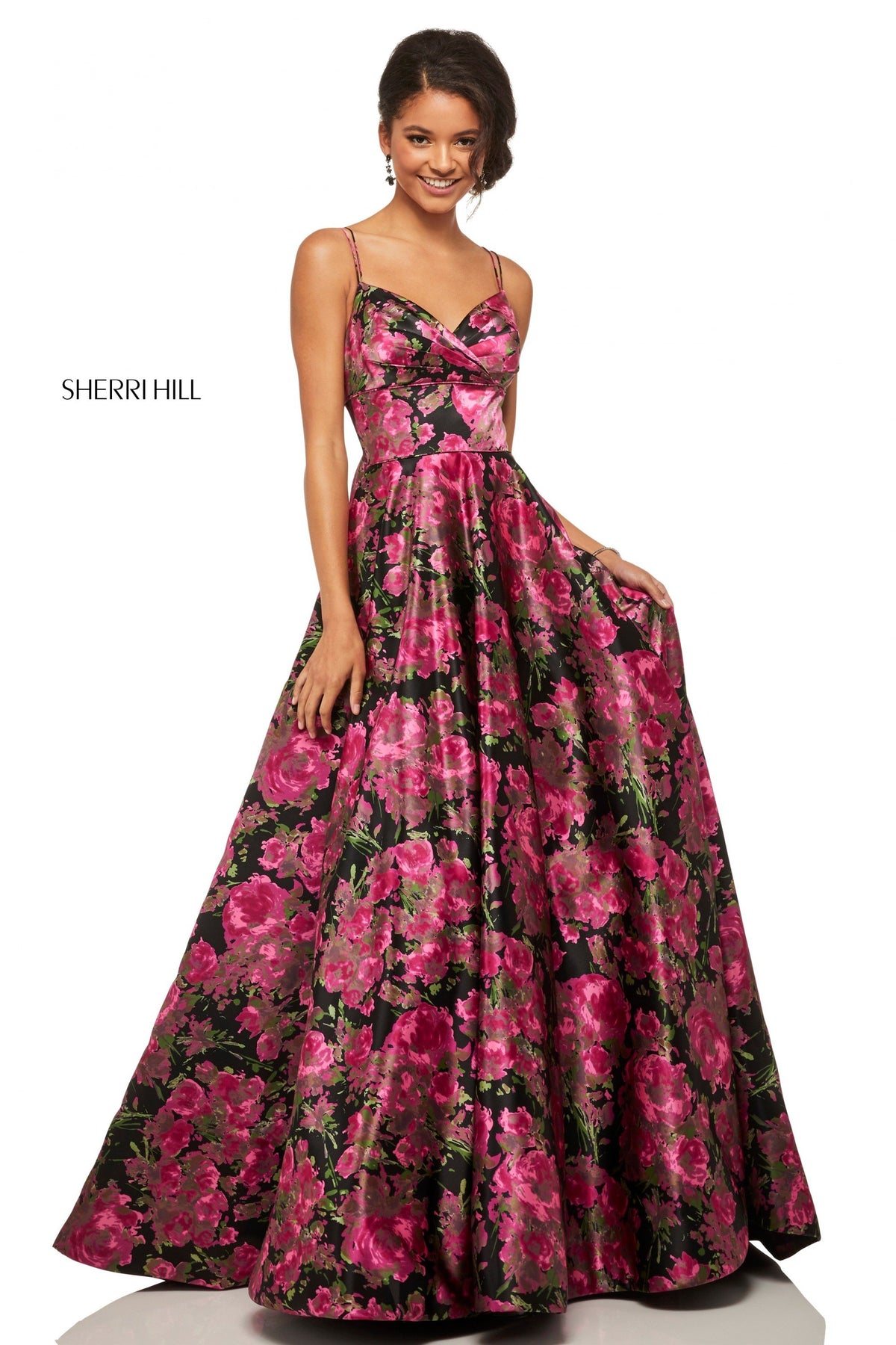 Sherri Hill 52932 floral print satin A-line gown in black/fuchsia print