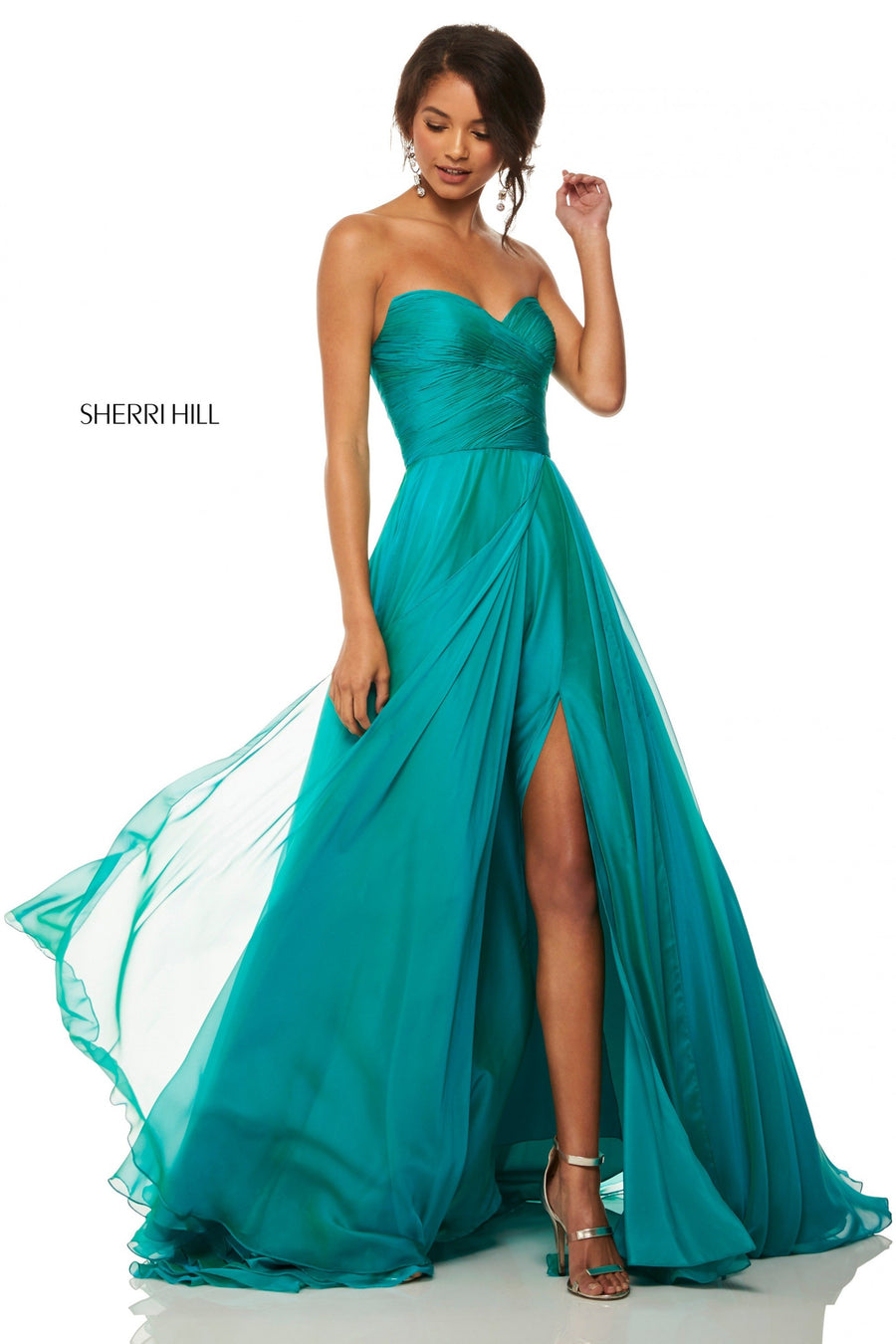 Sherri Hill style 52840 in royal, Strapless Chiffon Gown with Pleated Bodice