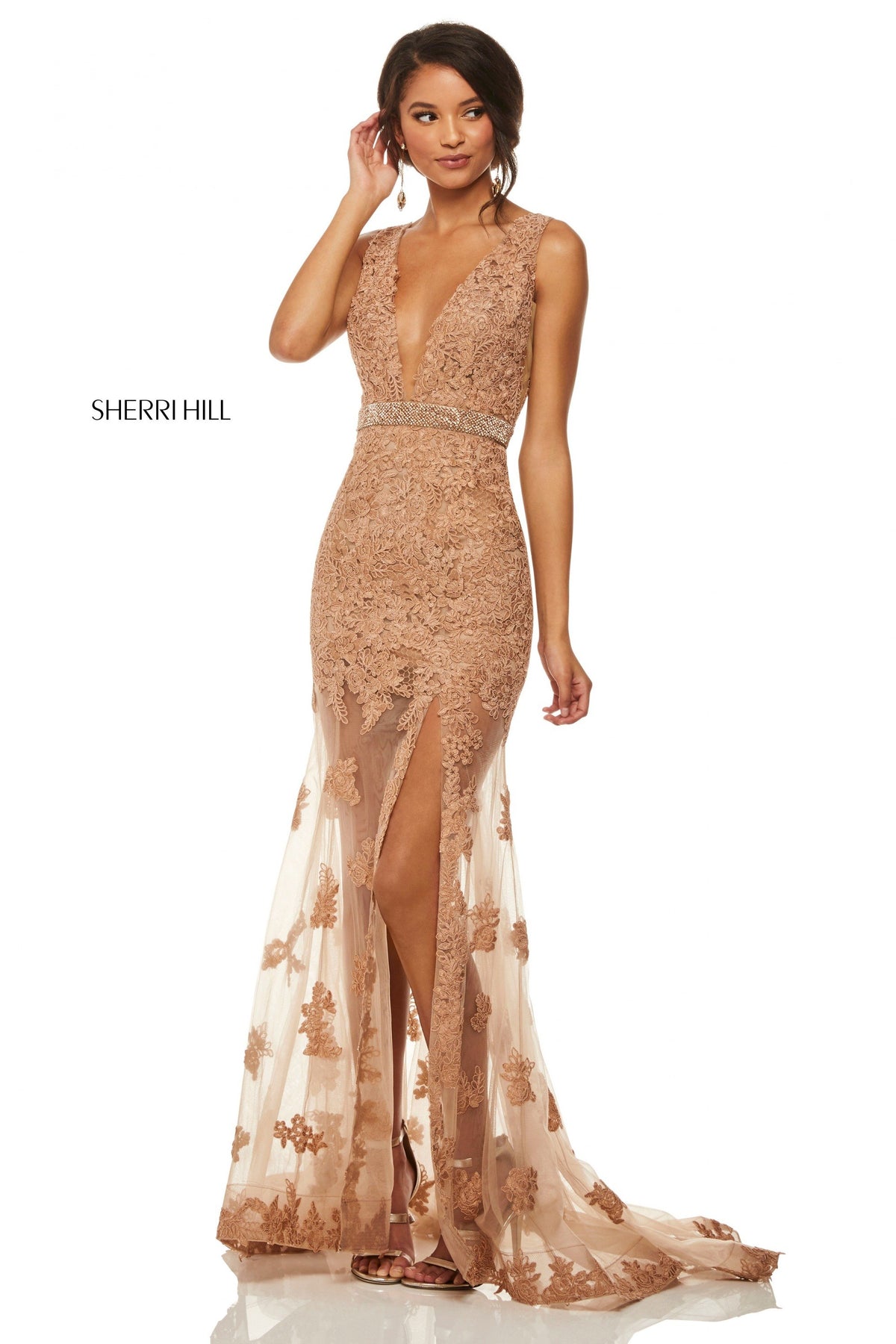 Sherri Hill 52875 sheer lace mermaid gown in mocha