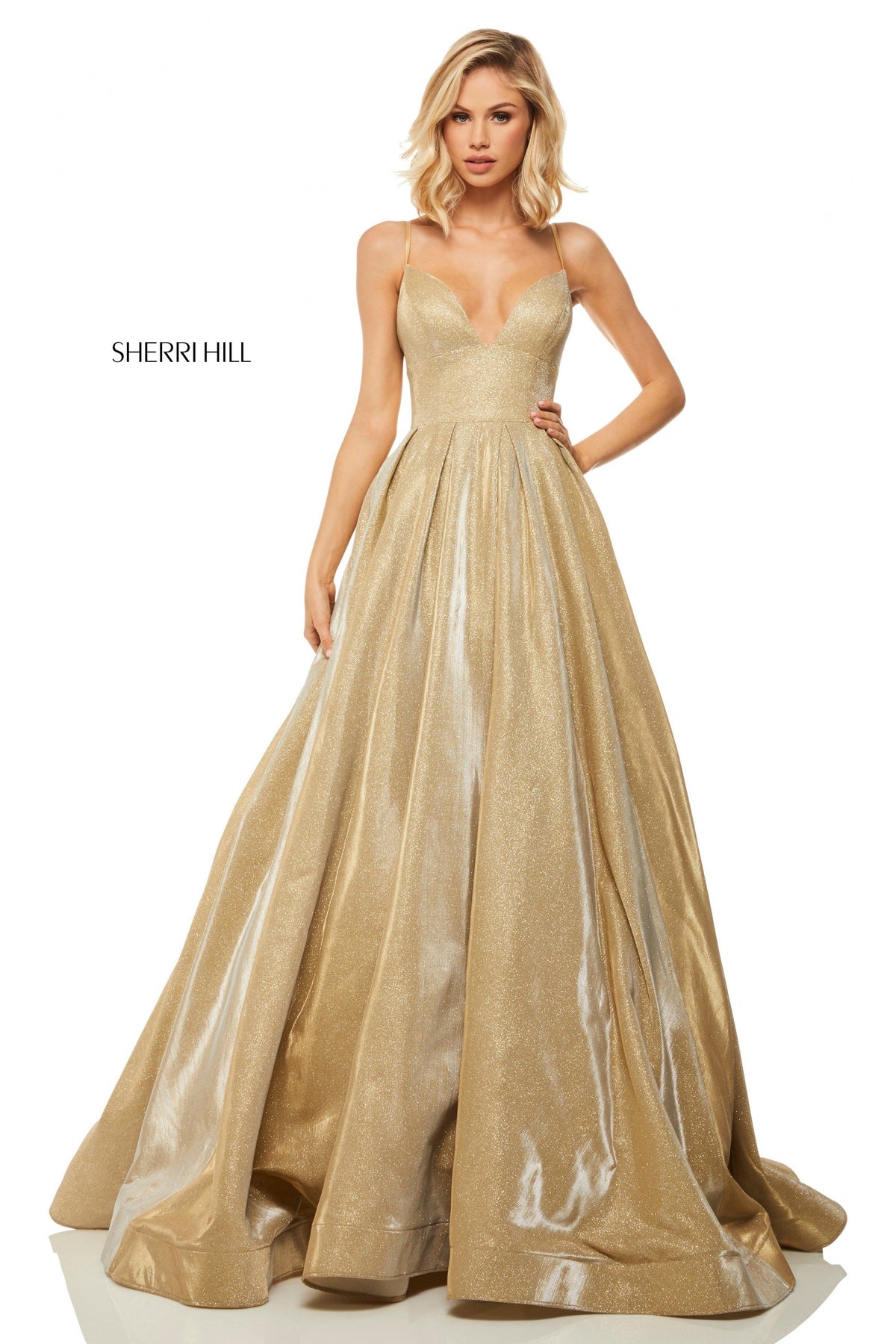 Sherri Hill 52832 metallic gold ball gown in gold