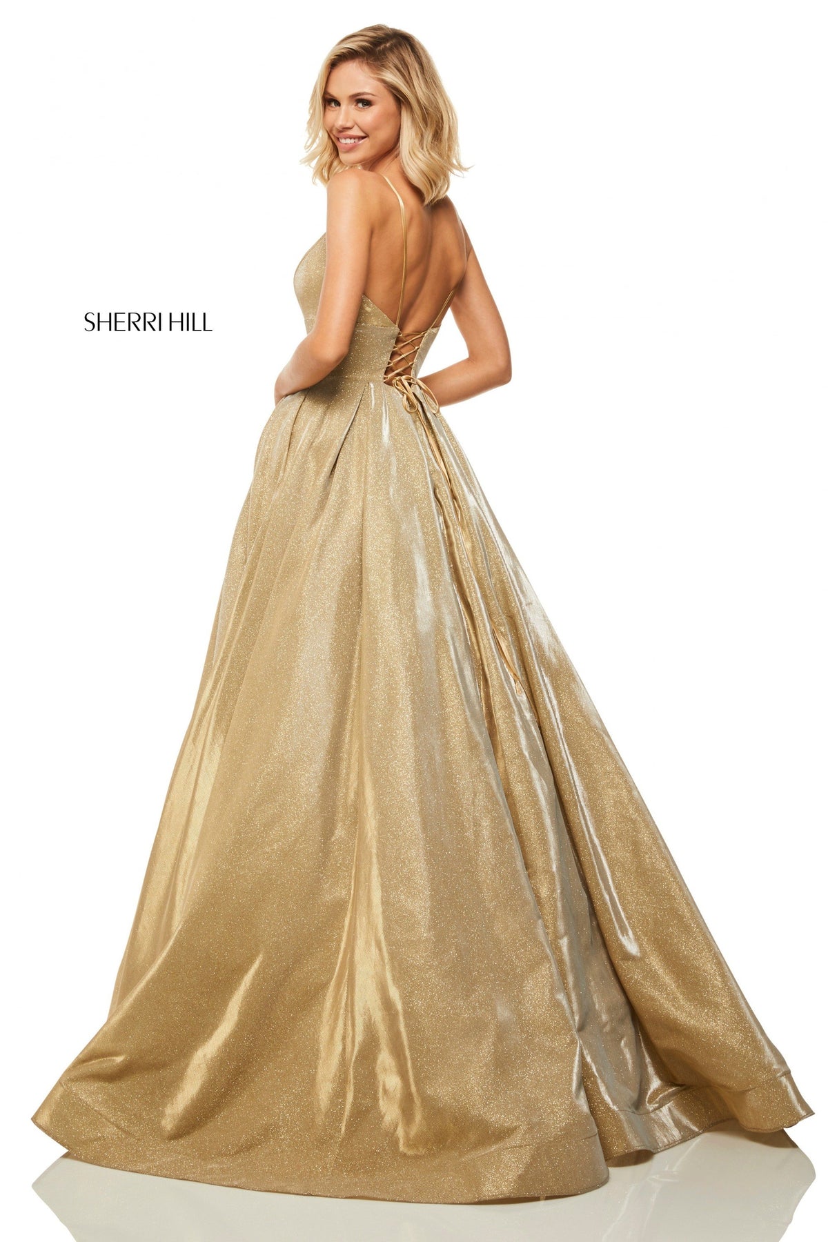 Sherri Hill 52832 metallic gold ball gown in gold