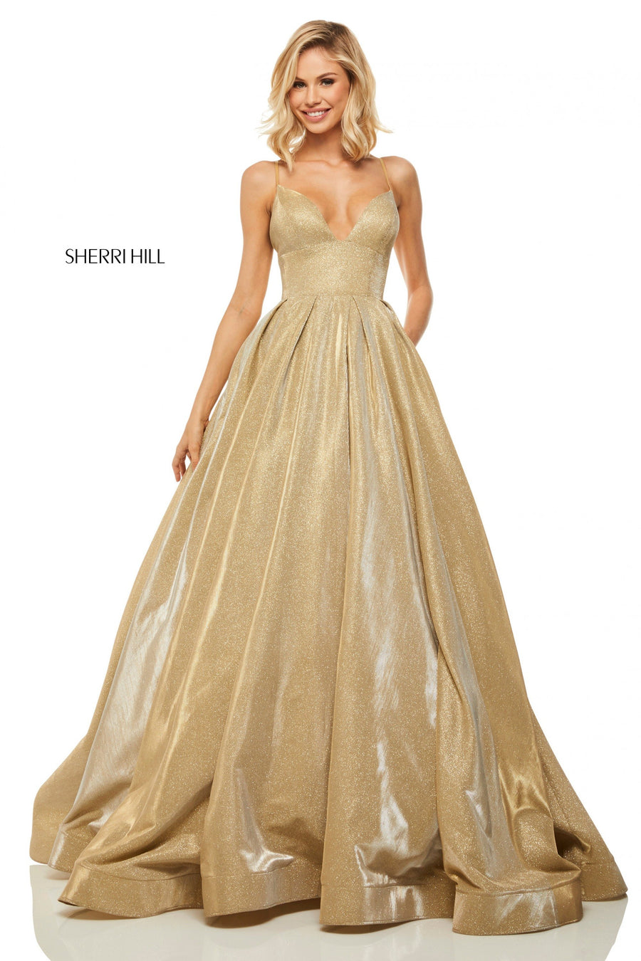 Sherri Hill style 52832 in gold, Metallic Gold Ball Gown