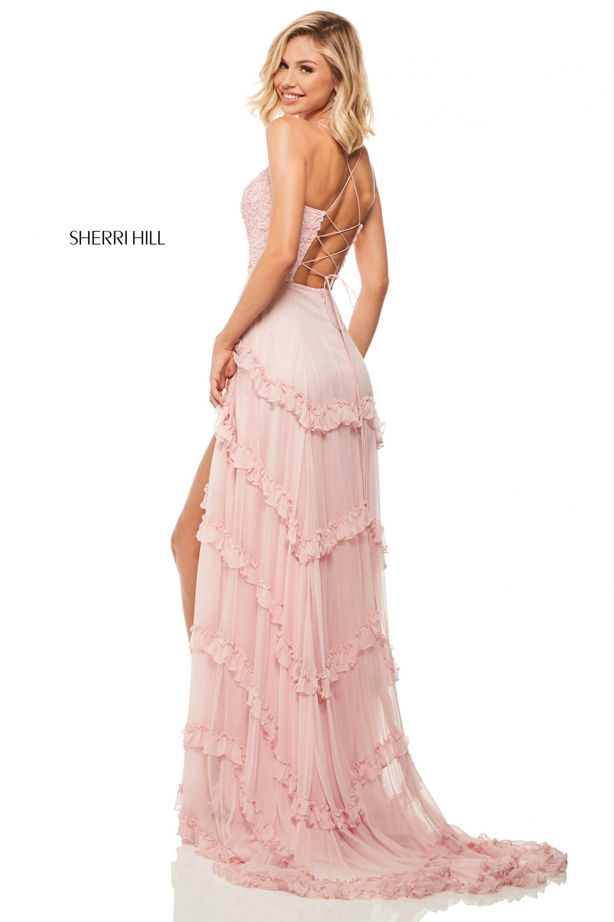 Sherri Hill 52805 lace bodice with chiffon skirt