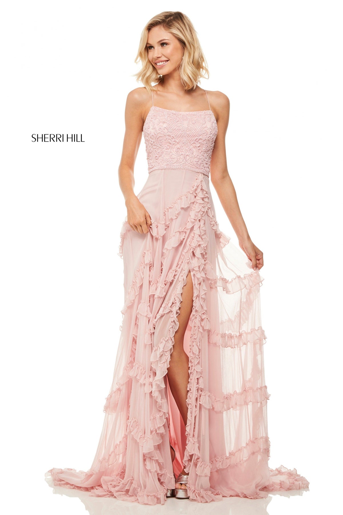 Sherri Hill 52805 lace bodice with chiffon skirt in light pink