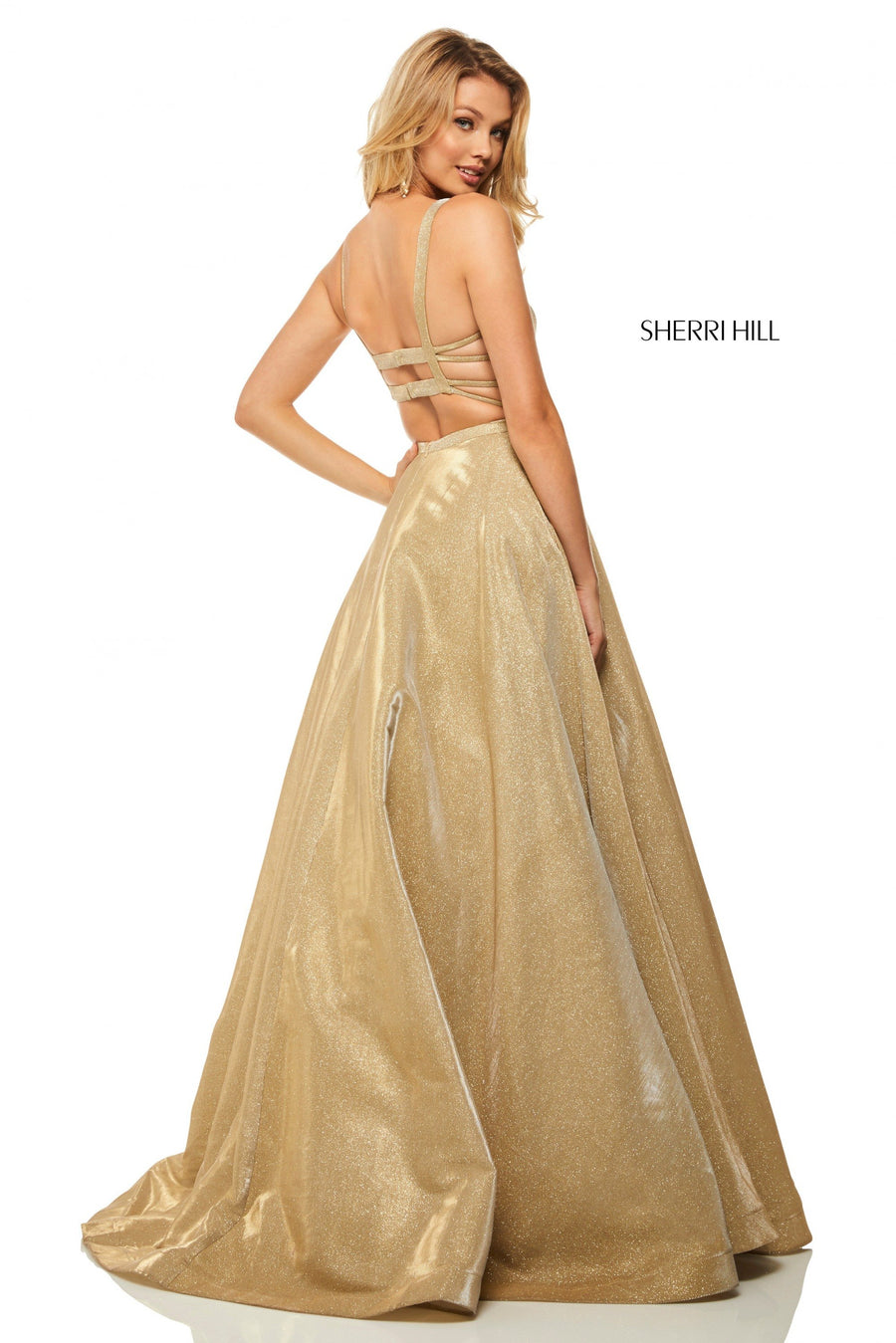 Sherri Hill style 52716 in gold, Glitter A-Line Gown with Pockets