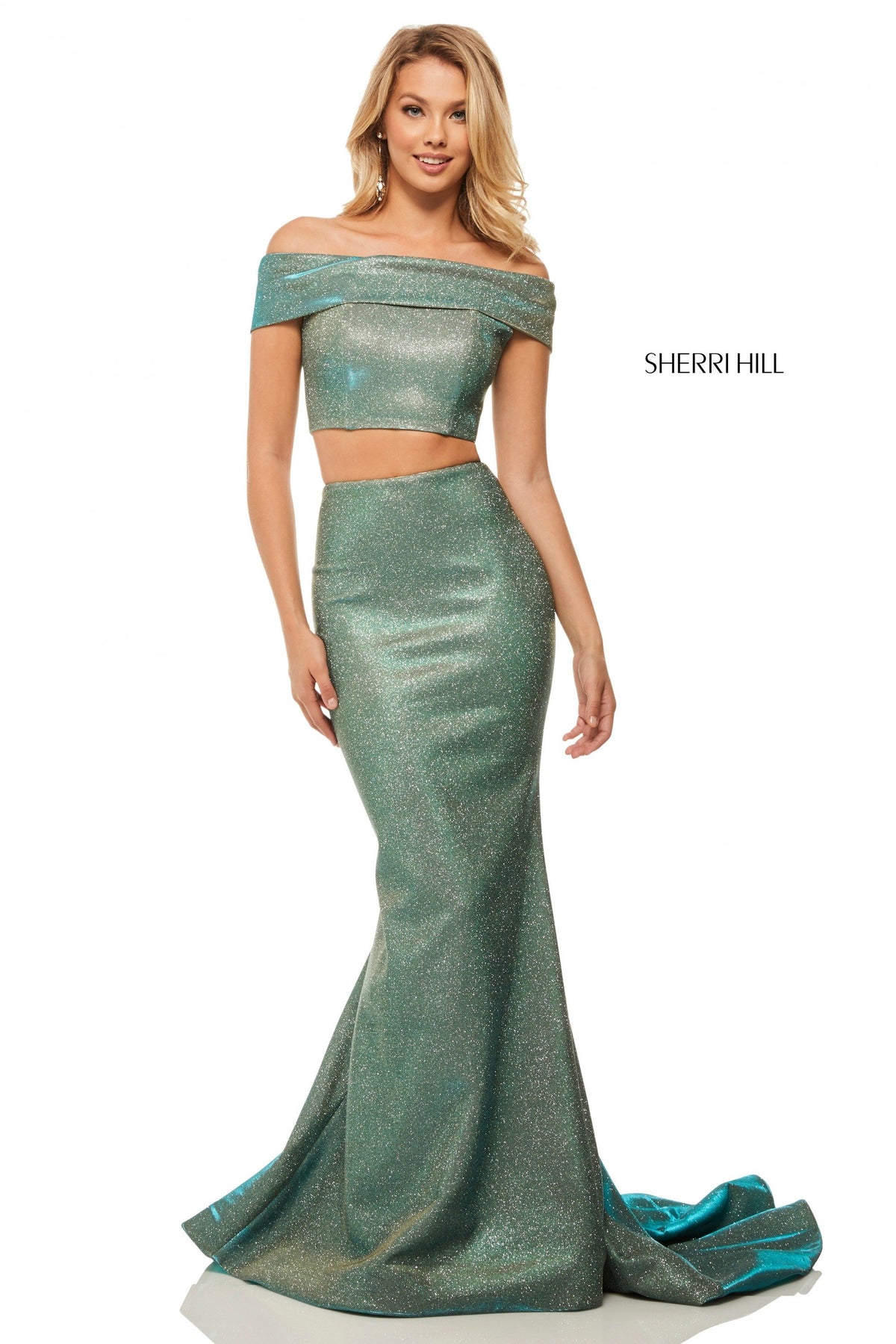 Sherri Hill 52757 stretch two-piece off-the-shoulder top in electric aqua