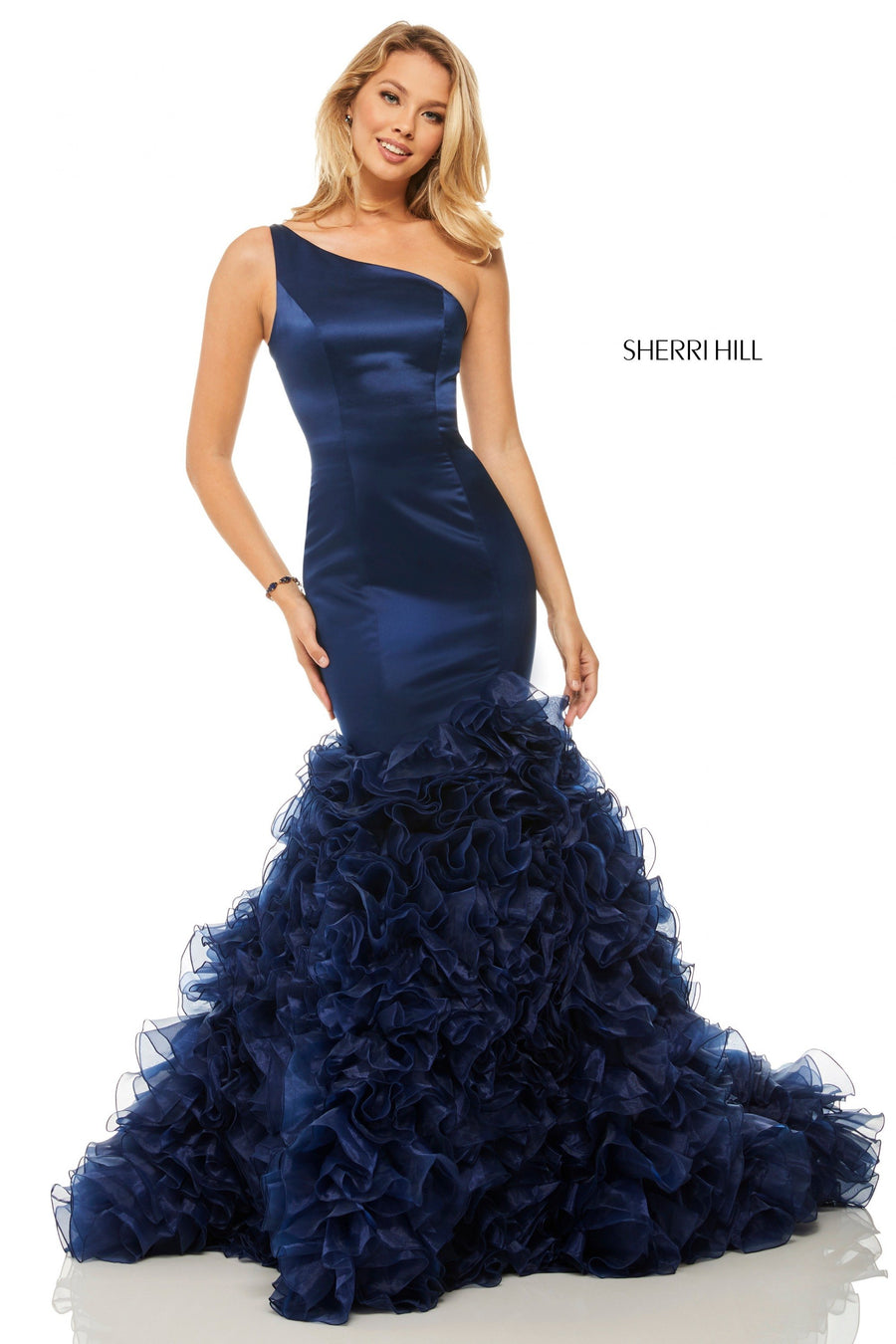 Sherri Hill style 52775 in red, One-Shoulder Mermaid Ruffled Organza Skirt
