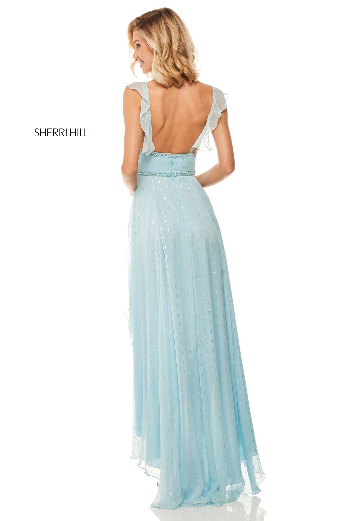 Sherri Hill 52799 chiffon high-low gown with ruffle neckline