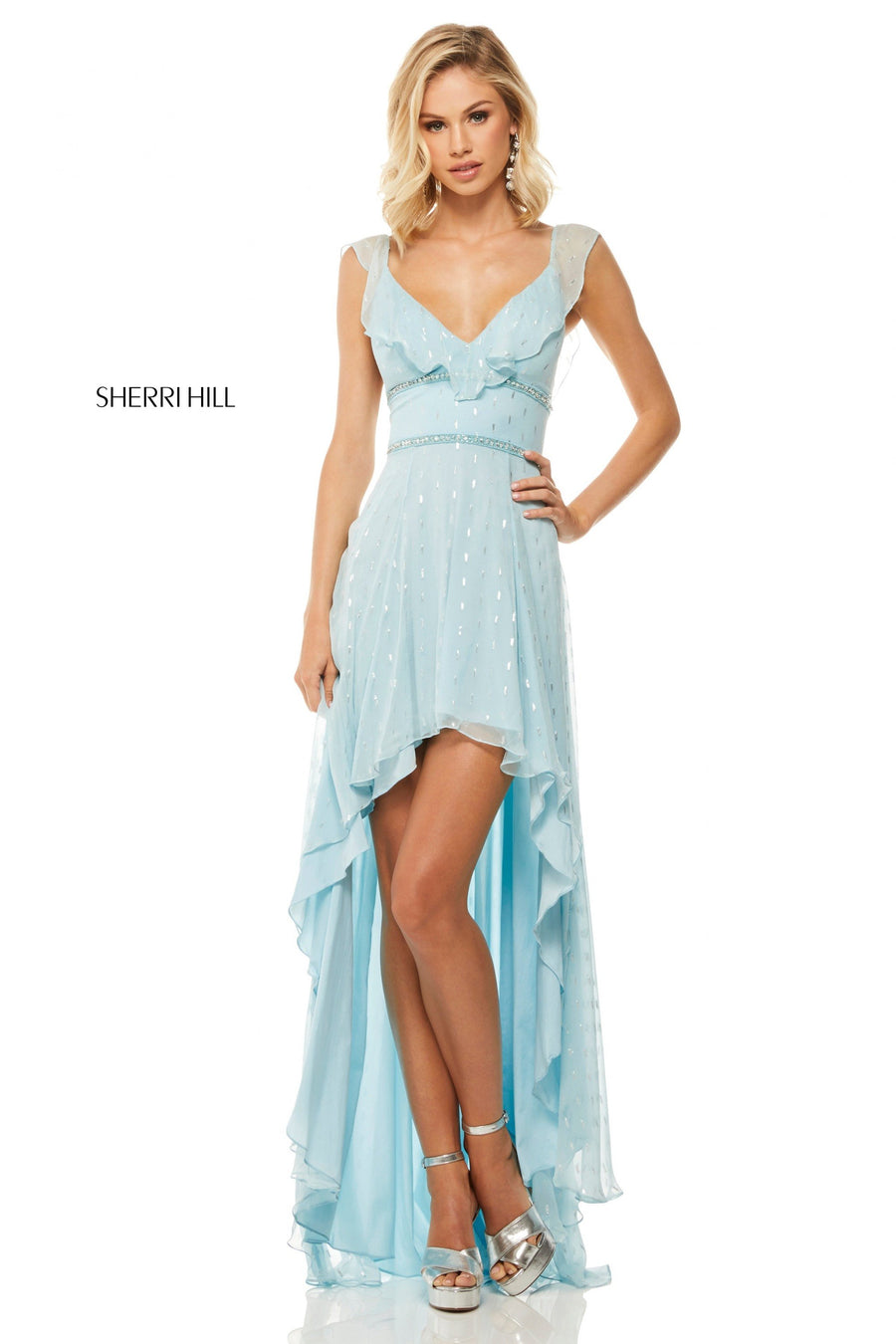 Sherri Hill style 52799 in light pink, Chiffon High-Low Gown with Ruffle Neckline