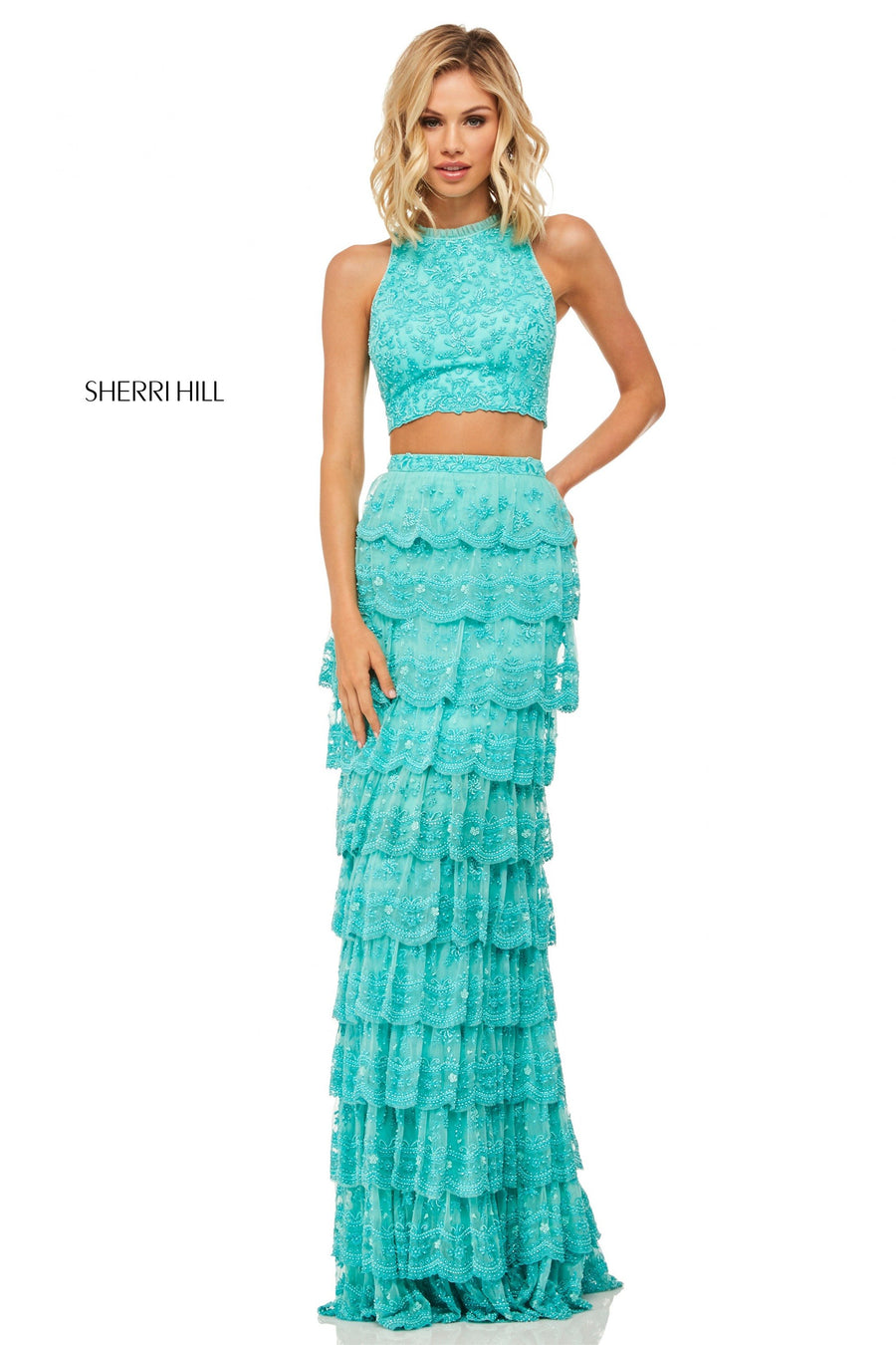 Sherri Hill style 52777 in aqua, Beaded Embroidered Two-Piece High-Neck Top