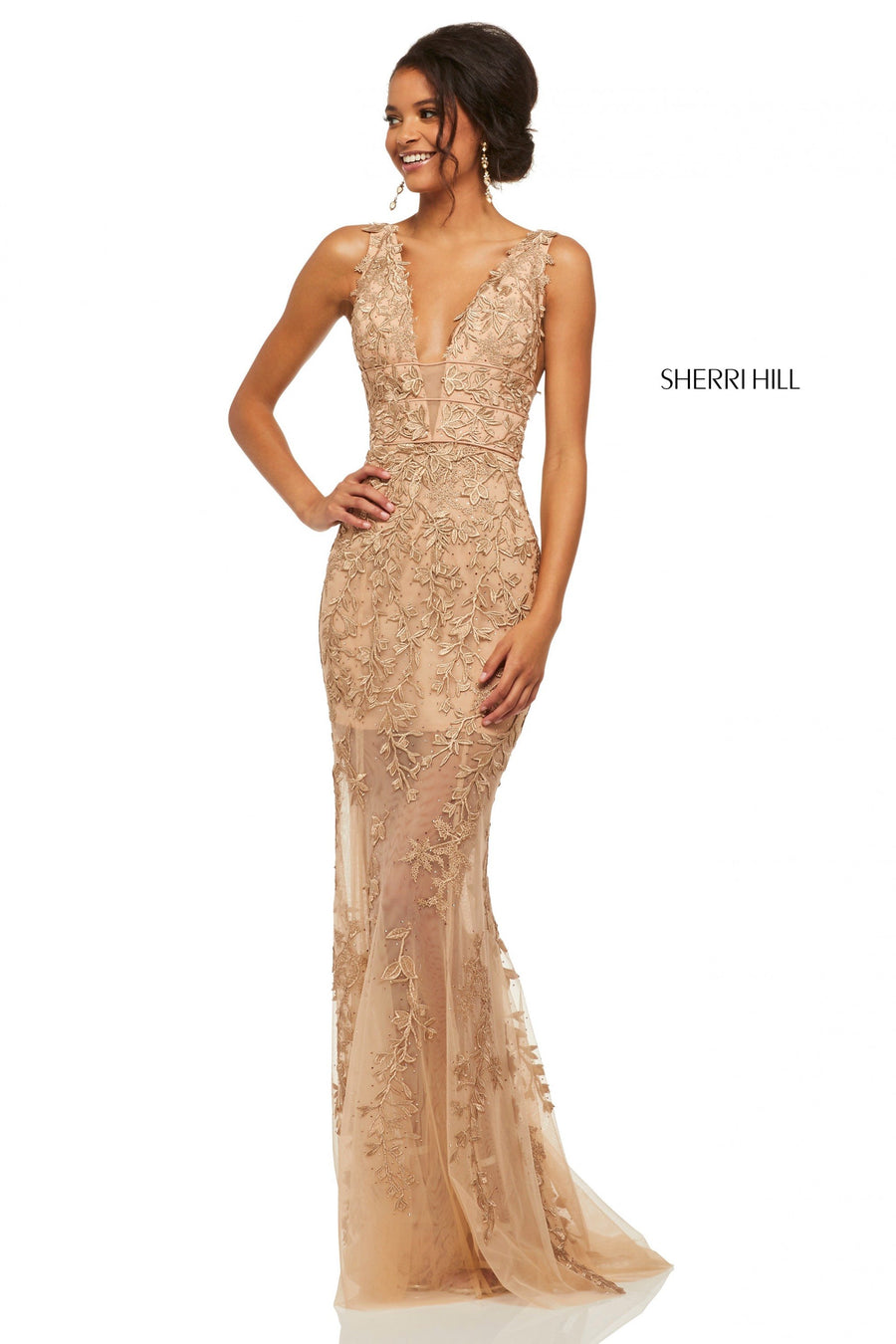 Sherri Hill style 52820 in pink, Fitted Lace Gown with V-Neck Bodice