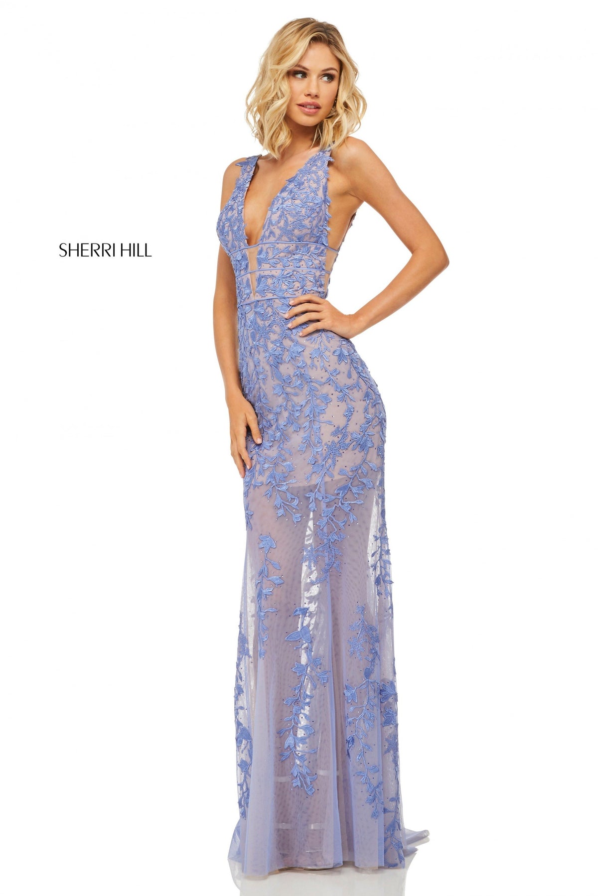 Sherri Hill 52820 fitted lace gown with V-neck bodice in periwinkle