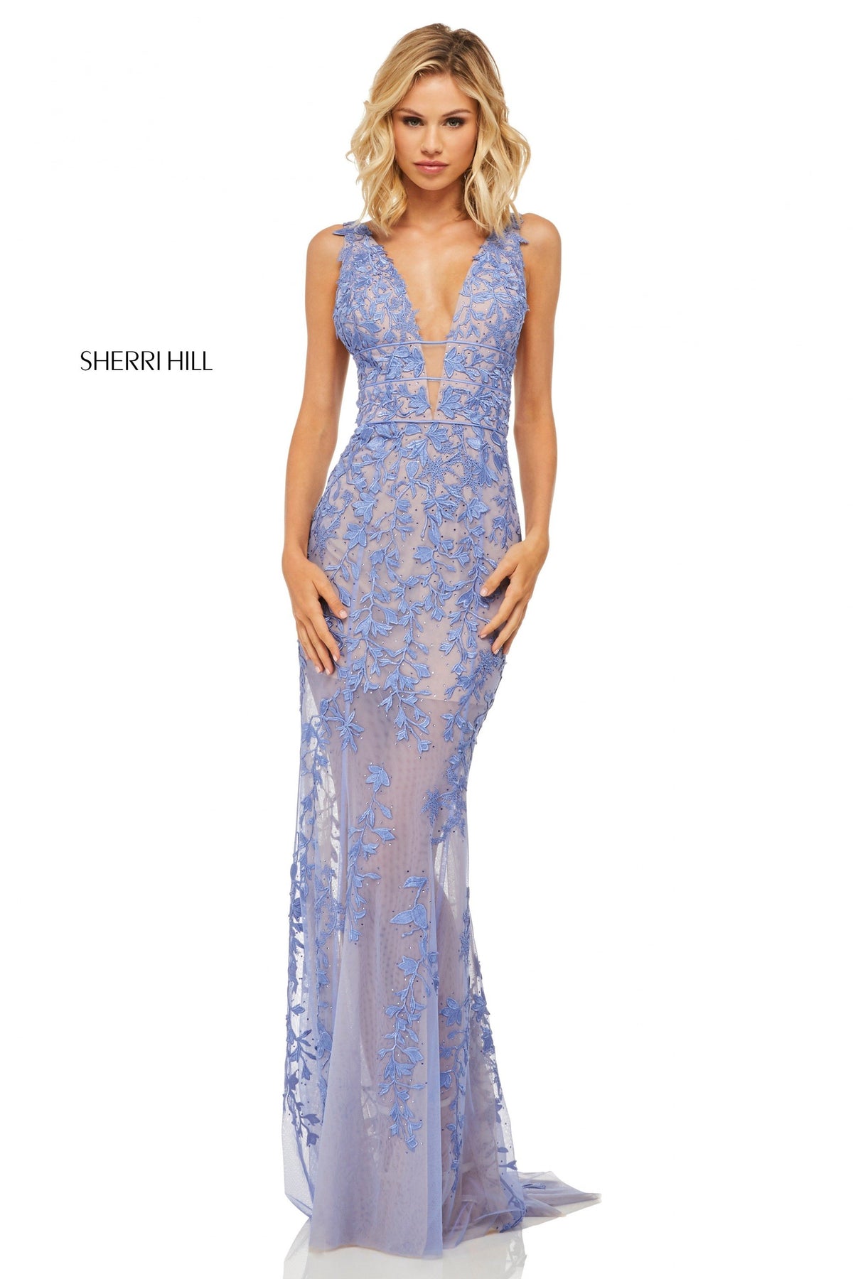 Sherri Hill 52820 fitted lace gown with V-neck bodice