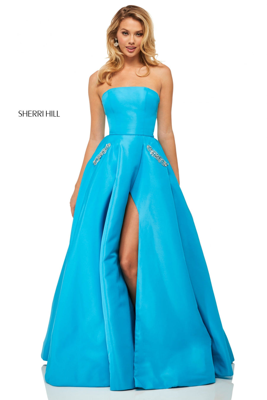 Sherri Hill style 52871 in navy, Strapless Taffeta A-Line Ball Gown