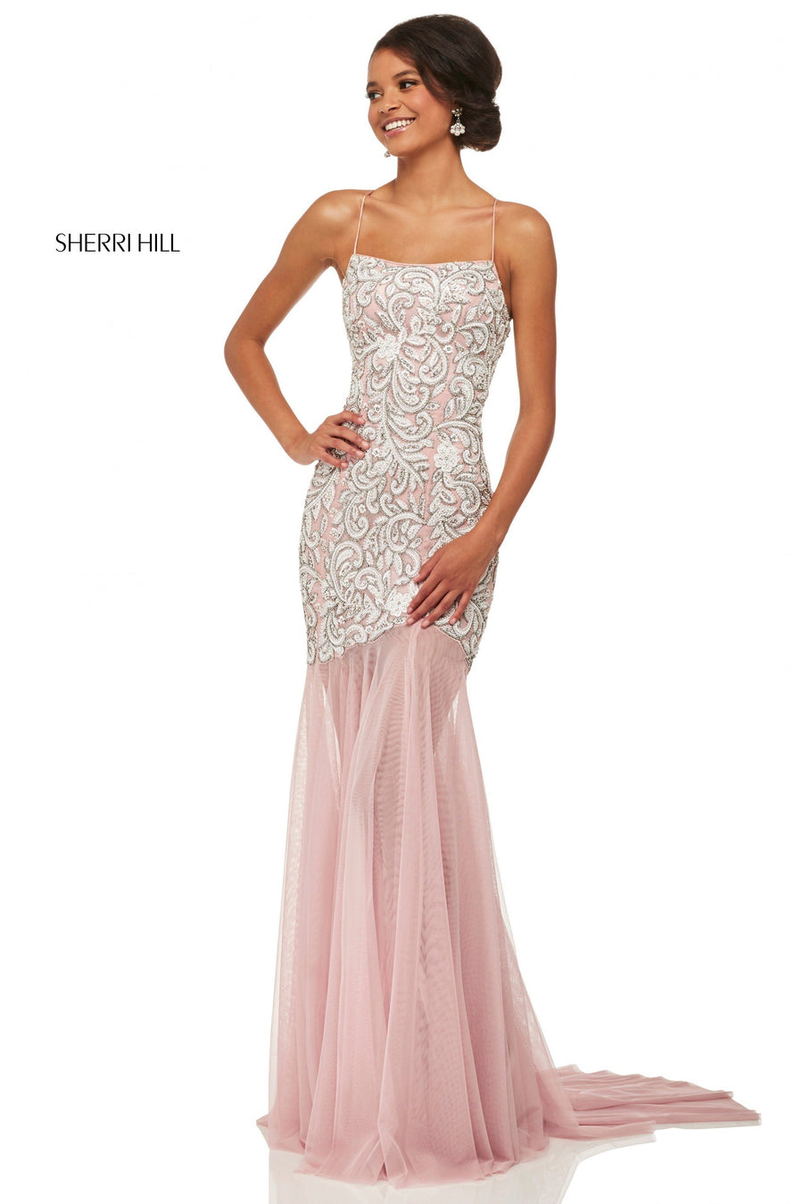 Sherri Hill style 52678 in light pink, Bodice with Sheer Chiffon Skirt