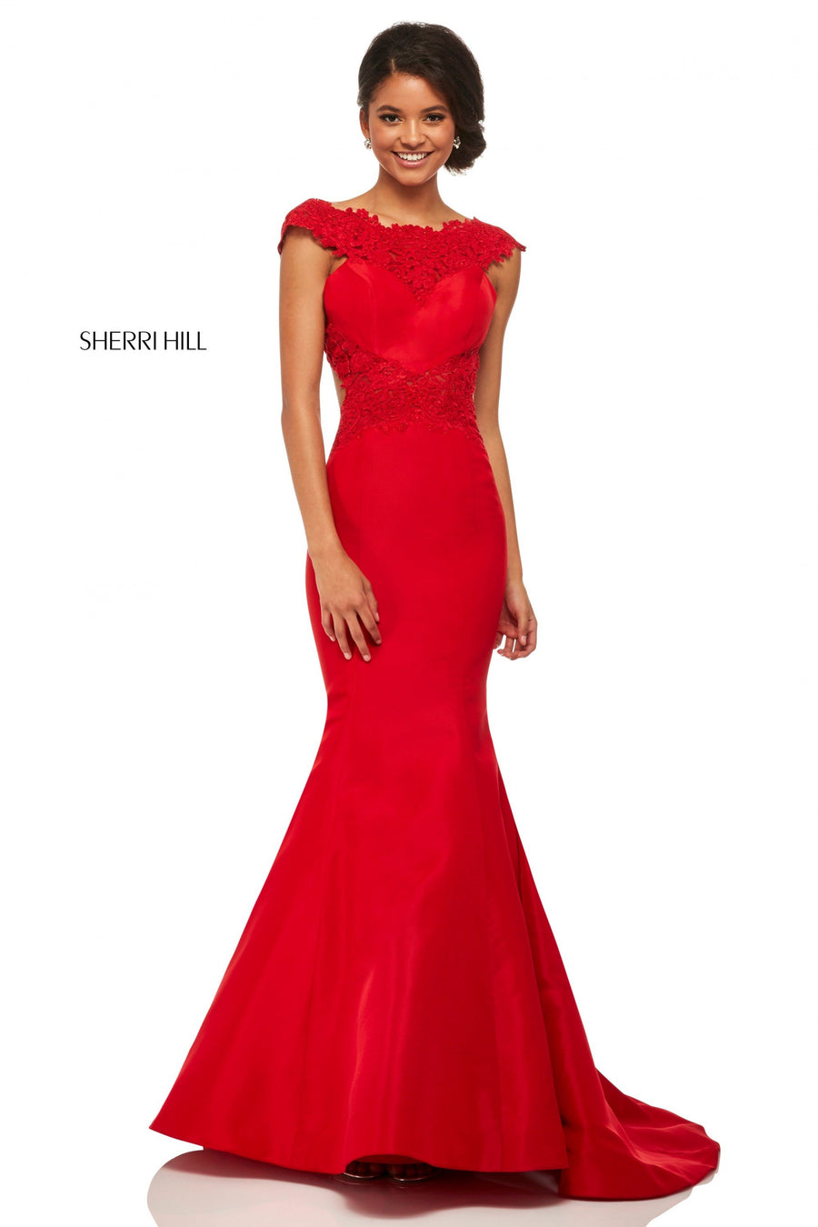 Sherri Hill style 52772 in yellow, Satin Mermaid Gown with Open-Back