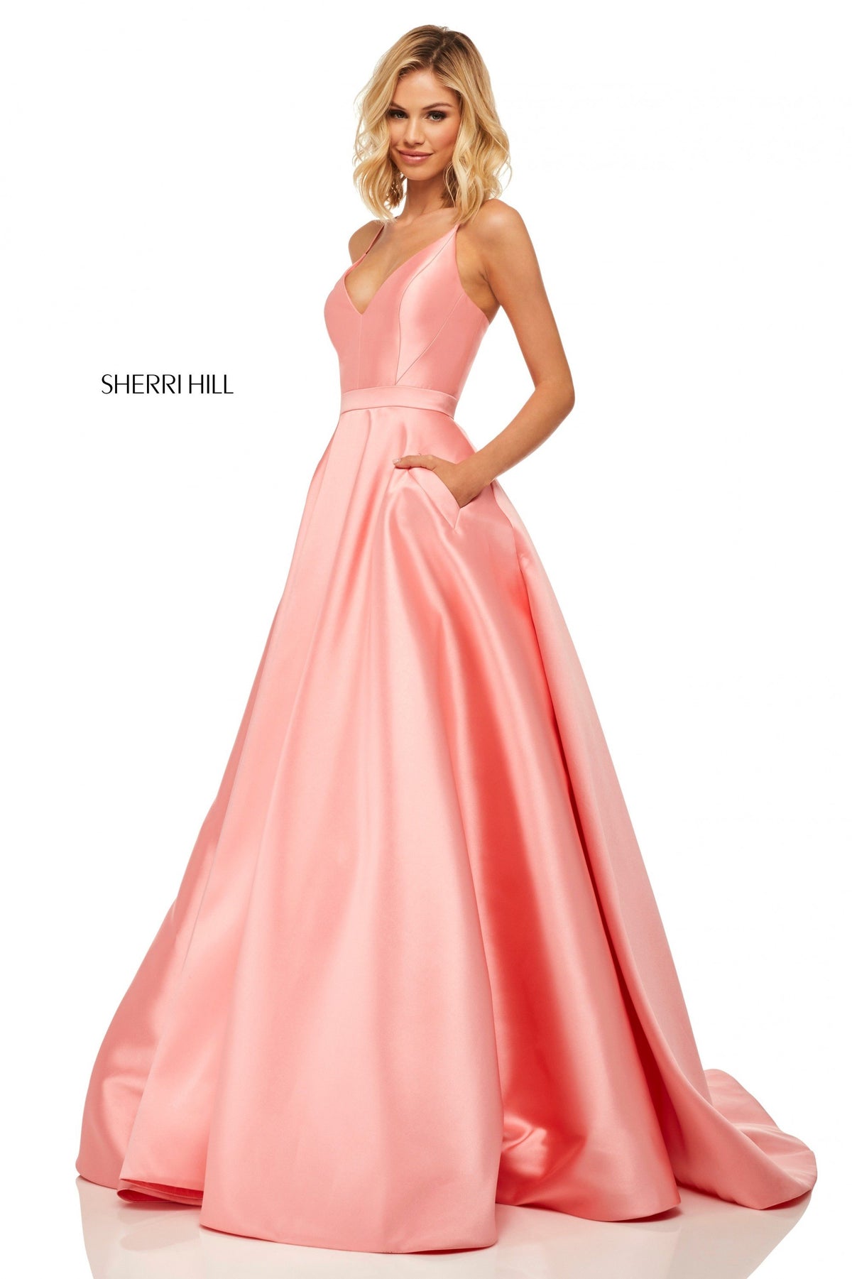 Sherri Hill 52821 satin V-neck ball gown in coral