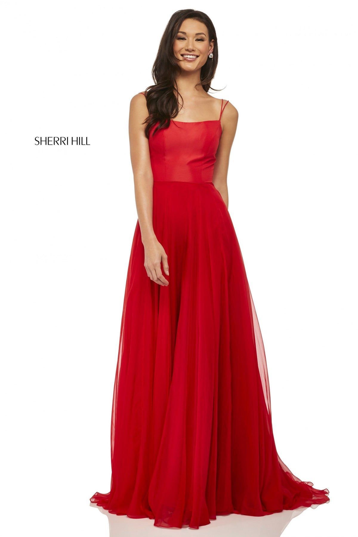 Sherri Hill 52839 satin bodice with chiffon skirt in red