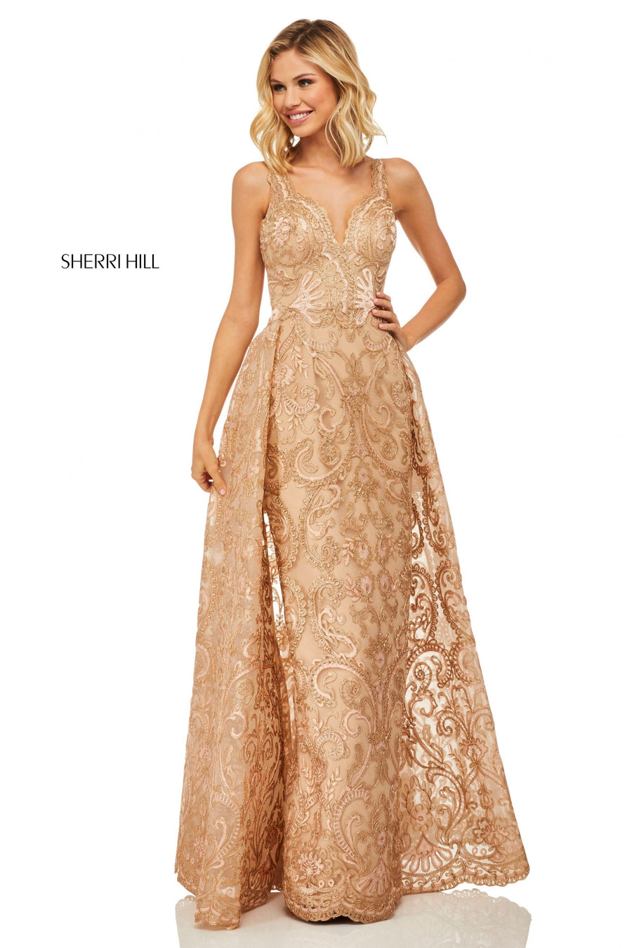 Sherri Hill style 52878 in rose gold, Metallic Lace Fitted Gown